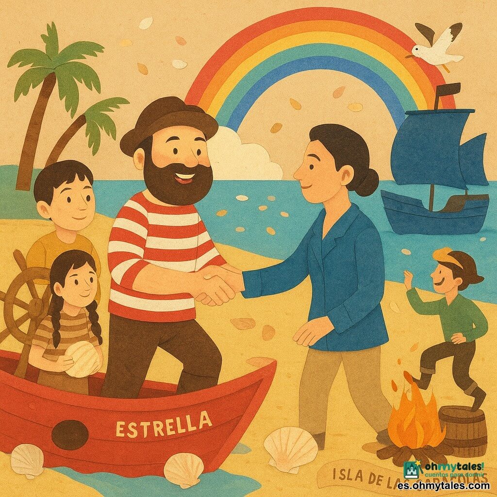 El personaje principal es el capitán Leandro, hombre de rostro redondo con barba espesa y sonrisa pícara, traje con camisa a rayas rojas y blancas, sosteniendo un viejo pergamino-mapa y dando un paso desde la proa hacia la playa; la capitana Julia, ~30 años, inicialmente seria que sonríe, pelo recogido, brazos abriéndose en media abrazo en la arena junto a un barco azul, mirando a Leandro; Leo, ~8 años, curioso, con una gran caracola brillante contra el pecho; Valeria, ~12 años, concentrada con pequeñas trenzas, sujetando el timón de un barco cercano; Paco, ~14 años, travieso con un sombrero sobre la cabeza de una gaviota, saltando sobre un barril junto a la hoguera. Escena en la playa dorada de Isla de las Caracolas con palmeras, grandes conchas nacaradas clavadas en la arena, dos barcos de madera coloridos (Estrella roja y Ballena azul) amarrados, hoguera y doble arcoíris al atardecer; encuentro amistoso de los tripulantes que se saludan, ríen, abrazan y celebran con música y confeti de pequeñas conchas en un ambiente cálido y festivo.