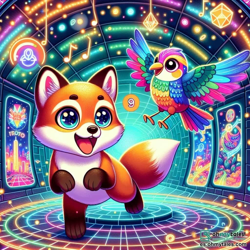 Un pequeño zorro de pelaje brillante y suave, con grandes ojos curiosos, se encuentra en el centro de la escena, mostrando una expresión de asombro y emoción. Salta alegremente, rodeado de luces de colores que centellean a su alrededor. A su lado, un pájaro de plumas vivas y brillantes, con una mirada amistosa y juguetona, vuela en círculo, cantando alegremente. Juntos, exploran un túnel subterráneo lleno de luces intermitentes y paneles holográficos, donde imágenes de la ciudad futurista de Neonópolis bailan en las paredes. El túnel está decorado con patrones luminosos y colores vibrantes, creando una atmósfera mágica y misteriosa. La escena principal muestra al zorro y al pájaro descubriendo un pasaje secreto, listos para vivir una nueva aventura en su fascinante ciudad.