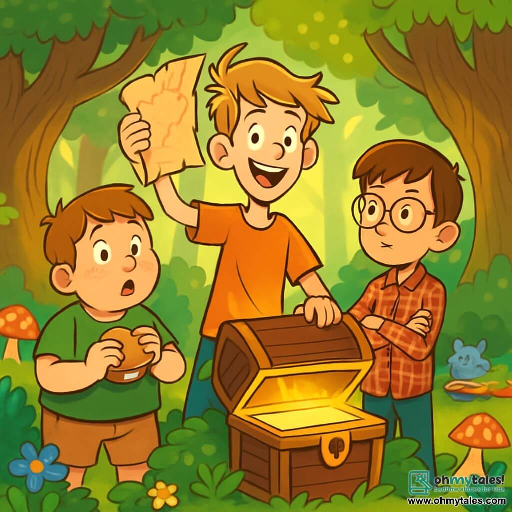 There are 3 characters: Sam, a tall and lanky 10-year-old boy with sandy, tousled hair and a bright smile, is in the center, enthusiastically holding an old parchment in the air. Oliver, a shorter and slightly chubby 9-year-old with freckles on his nose and brown hair, stands to the left of Sam, eyes wide with surprise, holding a half-eaten sandwich. Tim, a slim 10-year-old with glasses slipping down his nose, wearing a plaid shirt, is to the right of Sam, arms crossed and looking thoughtfully at the parchment. The scene takes place in the enchanted forest of Whispering Wood, where tall, gnarled trees reach towards the sky, their leaves shimmering in shades of green and gold. Sun rays filter through the canopy, creating bright patterns on the moss-covered ground. Colorful flowers and oddly shaped mushrooms dot the ground, while a multicolored Fluffernoodle lounges nearby, indifferent to the boys. The main situation shows the three friends discovering an ancient chest hidden under bushes, with a golden glow emanating from inside. Sam, looking determined, is about to open it, while Oliver and Tim exchange excited and apprehensive glances.