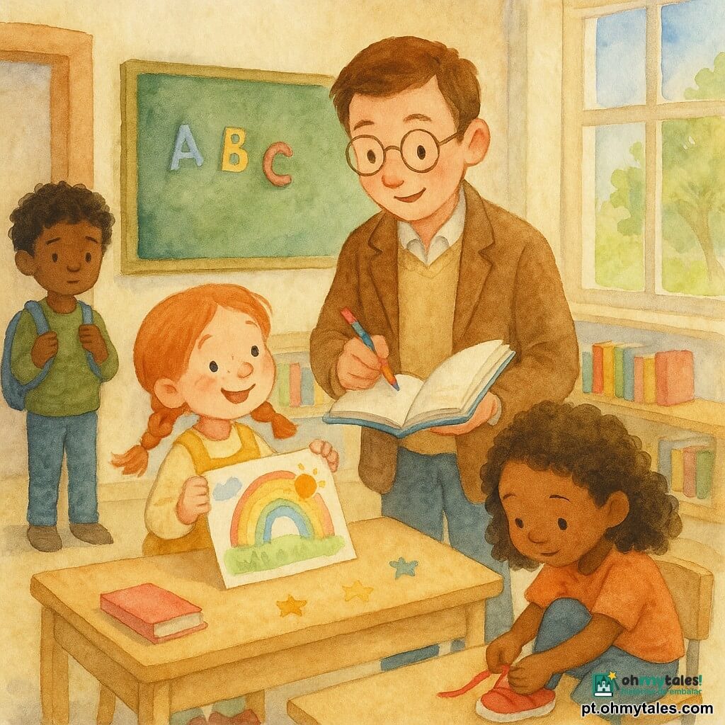 Um professor homem sorridente e afetuoso, cabelo curto castanho, óculos redondos, jaqueta de tweed marrom, segura um caderno aberto e um lápis colorido, postura atenta; um menino tímido de cerca de 7 anos, cabelo preto despenteado, com mochila azul na porta, olha o professor com hesitação; uma menina alegre de 6 anos, tranças ruivas, veste avental amarelo e mostra um desenho colorido; outra menina concentrada de 6 anos amarra um cadarço vermelho perto da mesa do professor. A sala é luminosa, paredes creme, grandes janelas para uma árvore verde, mesas de madeira clara, estantes com livros coloridos e um grande quadro verde com letras móveis caindo levemente. A cena mostra o professor ajudando a turma: abre a janela para o sol entrar, organiza os livros e recebe o novo aluno na porta, atmosfera calorosa, cores em tons pastéis, textura aquarela e adesivos de estrela sobre a mesa.