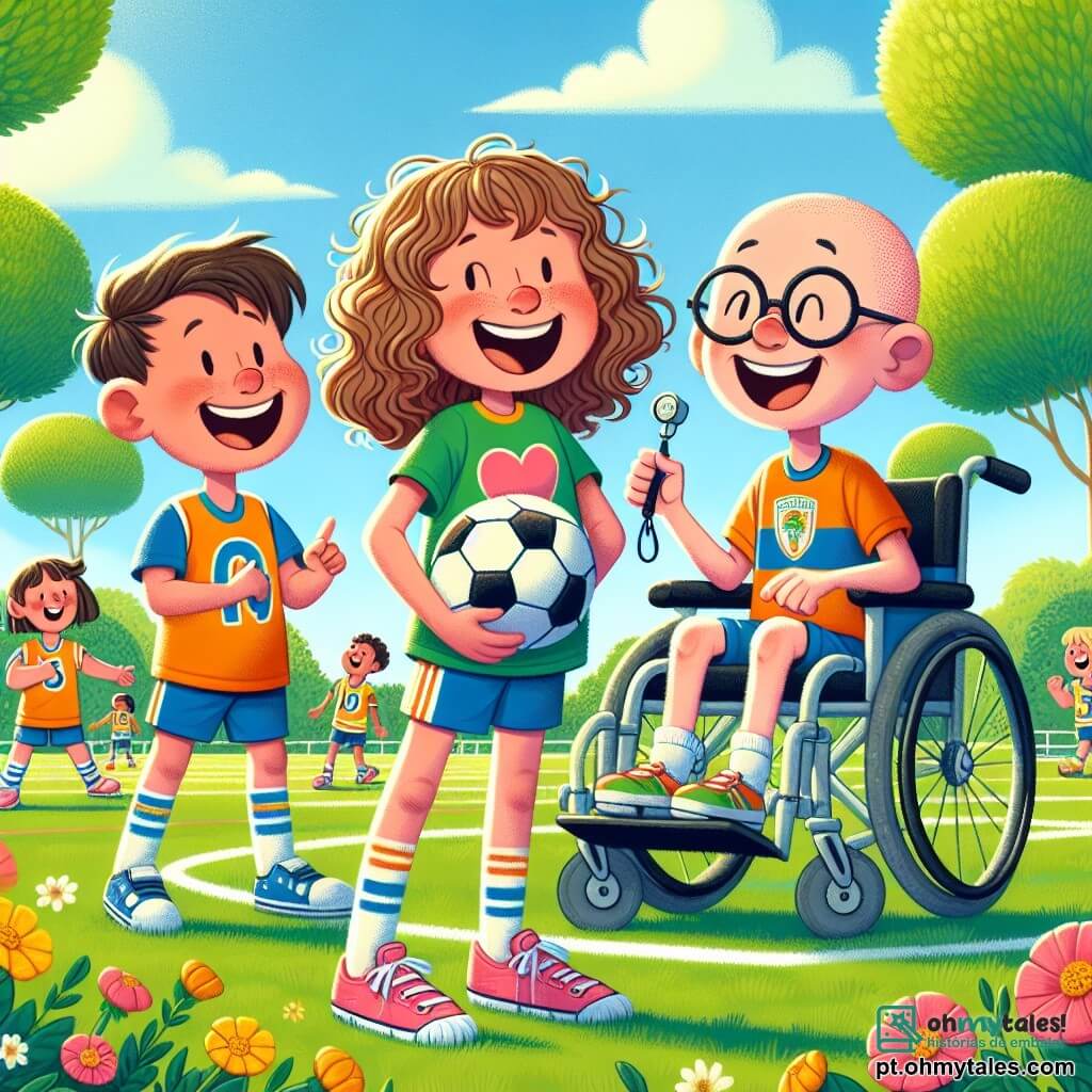 Uma menina de 10 anos, Clara, com cabelos castanhos e cacheados, usa uma camiseta colorida e um short. Ela sorri amplamente, demonstrando alegria e entusiasmo enquanto segura uma bola de futebol. Ao lado dela está Lucas, um garoto de 10 anos, com cabelos raspados e óculos. Ele está sentado em sua cadeira de rodas, sorrindo e segurando um apito, pronto para dirigir o jogo. O cenário é um campo esportivo ensolarado, cercado por árvores verdes e flores coloridas, com cones de sinalização marcando o campo. A cena mostra Clara e Lucas reunindo seus amigos para um jogo de futebol inclusivo, onde todos estão animados e prontos para jogar juntos, ilustrando o espírito de amizade e inclusão.