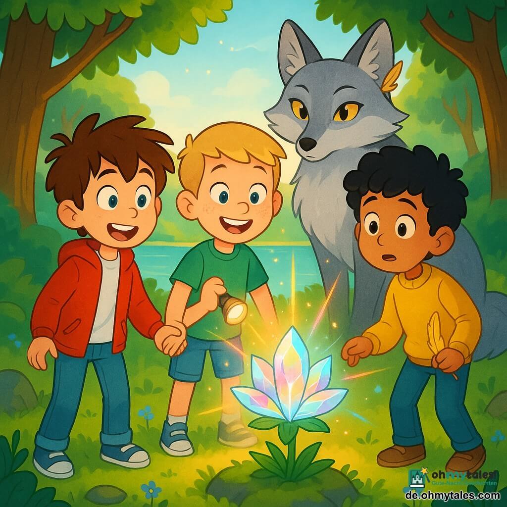 Drei Jungen: Tom (10) mit zerzausten braunen Haaren, blau funkelnden Augen, roter Jacke und Jeans steht links von der großen Kristallblume, hält Bens Hand und blickt staunend; Ben (9) mit kurzen blonden Haaren, Sommersprossen, schelmischem Lächeln und grünem T‑Shirt steht in der Mitte, hält Toms und Max' Hände und schaltet eine kleine Taschenlampe mit warmem Licht ein; Max (10) mit schwarzen Locken, schüchtern-mutigem Ausdruck und senfgelbem Pullover steht rechts vor der Blume und hält eine goldene Feder. Wächter: ein silberner Fuchs mit bernsteinfarbenen Augen und einer kleinen goldenen Feder am Ohr steht leicht zurückhaltend hinter den Kindern, nobel und beschützend. Ort: eine Lichtung auf einer magischen Insel am See mit grünem Gras, kleinen blauen Blumen, mächtigen Bäumen, goldener Bodendunst, moosigen Felsen und einem roten Holzboot namens Aventurewelle am Ufer. Szene: die drei Jungen umringen eine große, strahlende Kristallblume, die regenbogenfarbig leuchtet und kristalline Strahlen auf ihre Gesichter wirft, Schatten vertreibt und funkelnde Lichtpartikel in der Luft erscheinen; helle, gesättigte Farben, einfache expressive Linien, warme magische Stimmung, Komposition zentriert auf die Blume und die vereinten Hände der Kinder.