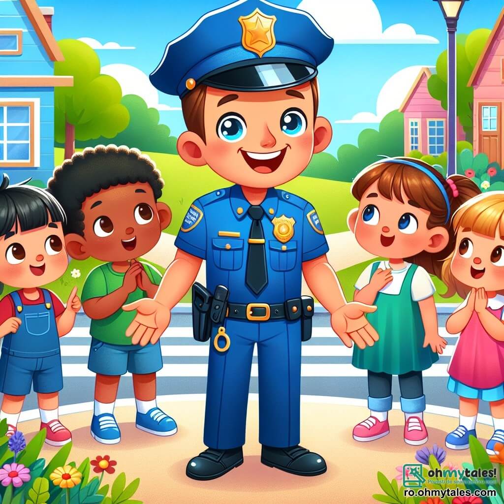 Un polițist zâmbitor, îmbrăcat într-un uniformă albastră și cu o șapcă asortată, stă în centrul imaginii cu brațele deschise, arătând bunăvoință. Fața lui este veselă, cu ochi strălucitori și un zâmbet larg care exprimă mândrie și entuziasm. În jurul lui, un grup de patru copii, doi băieți și două fete, în jur de 8 ani, îl înconjoară cu expresii curioase și admirative. Băiatul cu părul brun, purtând un tricou roșu, arată spre polițist, în timp ce fata cu părul blond, îmbrăcată într-o rochie roz, zâmbește și aplaudă. Ceilalți doi copii, un băiat cu părul negru în pantaloni scurți albaștri și o fată cu părul castaniu în tricou galben, ascultă cu atenție. Scena are loc pe o stradă animată, cu copaci verzi și case colorate. Flori multicolore cresc pe trotuar, iar soarele strălucește într-un cer albastru deschis, creând o atmosferă veselă și primitoare. Polițistul le explică copiilor cum să traverseze strada în siguranță, ținând un mic panou de semnalizare în mână. Copiii, captivați de discursul său, sunt atenți și entuziaști, pregătiți să învețe și să devină cetățeni responsabili.