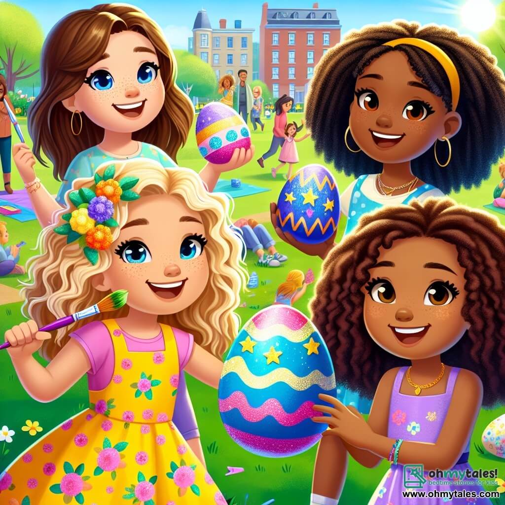 In the center of the image, four twelve-year-old girls are happily standing in a sunny park. Emma, with curly blonde hair and a pink floral dress, is smiling widely while holding a colorful brush. To her right, Mia, with straight brown hair, wears a bright yellow dress and waves a brightly decorated egg. On the left, Zoe, with brown curls and a blue dress, shows a sparkling green egg, while Lily, with chestnut hair and a purple dress, holds a blue egg adorned with stars, her face lit up by a big smile. The park is filled with vibrant flowers, tall trees with lush green leaves, and a clear blue sky dotted with a few white clouds. Families and children are playing in the background, adding a festive atmosphere to the scene. The four friends are preparing for an Easter show, surrounded by their large colorful egg that they painted together. They laugh and share stories about their decorated eggs, ready to showcase their creations to the world during the big egg hunt.