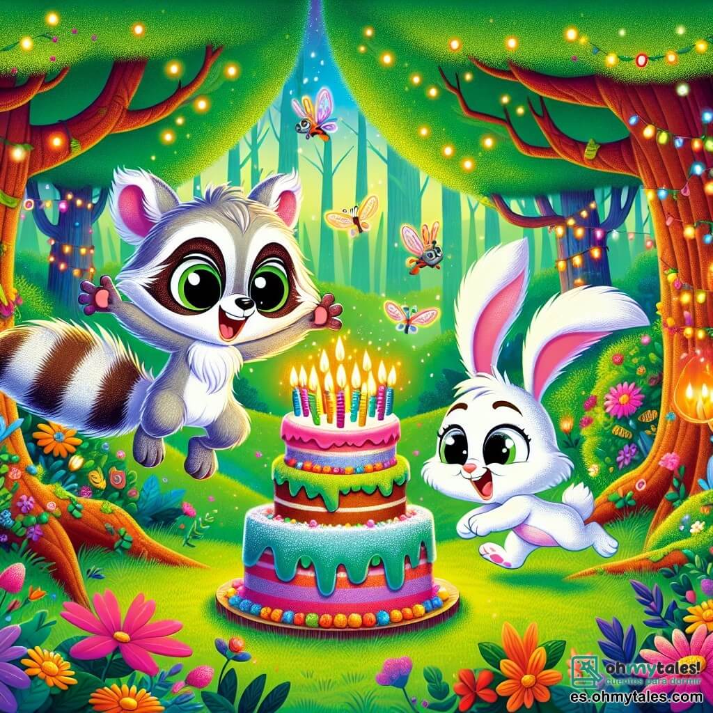 Pipo, un pequeño mapache de pelaje gris y suave, con grandes ojos que brillan de alegría, está en el centro de la imagen, sonriendo ampliamente mientras sostiene un enorme pastel de cumpleaños decorado con velas de colores. A su lado, Timo, un adorable conejo de orejas grandes y pelaje blanco, salta de alegría, sus ojos brillando de emoción, sosteniendo una tarjeta de felicitación hecha a mano. Al fondo, el Bosque Brillante está lleno de árboles majestuosos con troncos marrones y hojas verdes brillantes, mientras que flores multicolores, como caramelos, salpican el suelo. La escena representa una fiesta de cumpleaños alegre, con luciérnagas iluminando el cielo crepuscular, animales del bosque bailando a su alrededor y un ambiente festivo lleno de risas y felicidad.