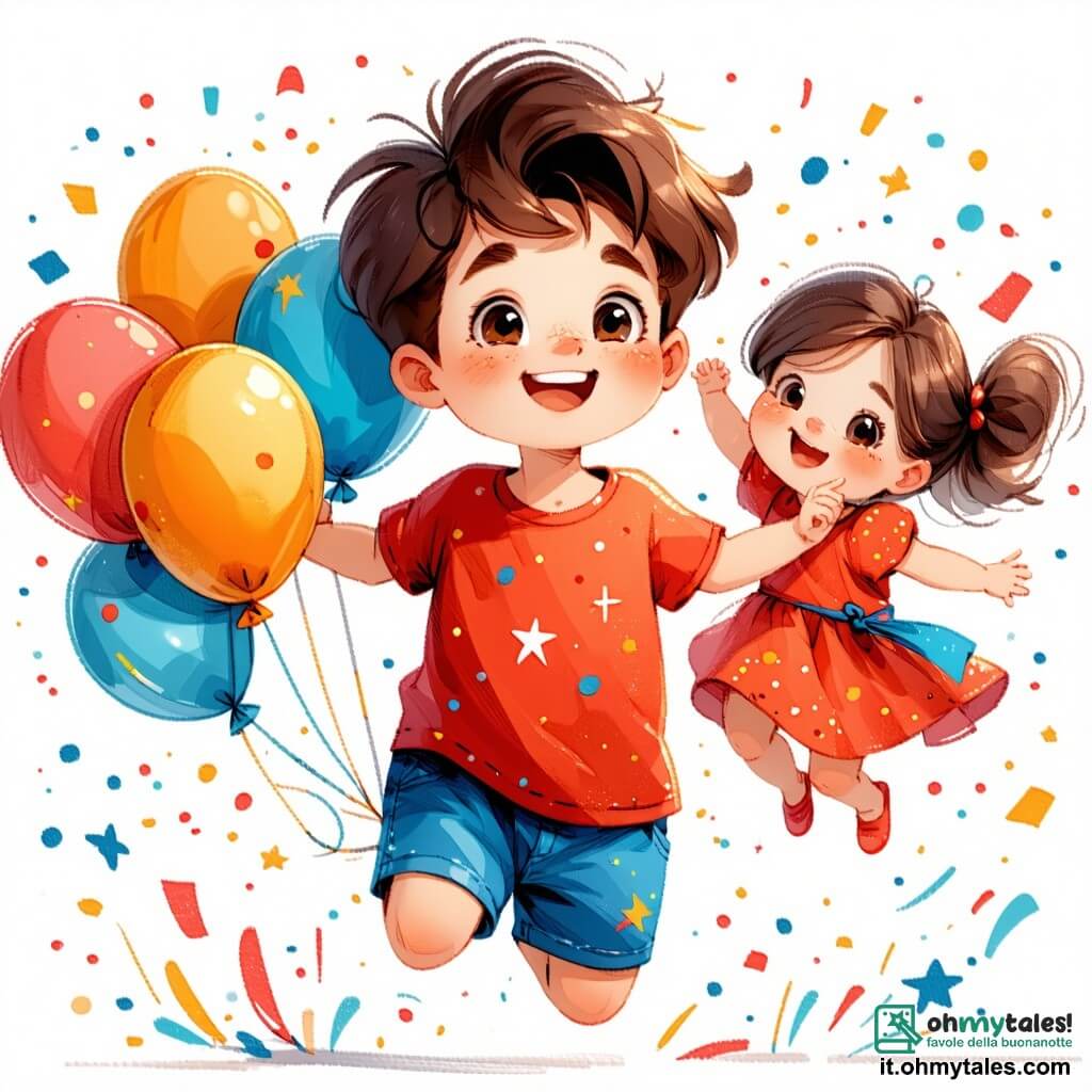 Un bambino di 4 anni, Marco, con capelli castani disordinati e occhi brillanti di gioia, è al centro dell'immagine, sorridendo mentre tiene in mano palloncini colorati. Indossa una maglietta rossa con stelle e pantaloni corti blu, saltando di gioia. Accanto a lui c'è Giulia, una bambina di 5 anni con lunghi capelli biondi intrecciati e un vestito rosa a pois, che decora la porta con ghirlande scintillanti, sorridendo a Marco con entusiasmo. Sullo sfondo, la casa di Marco è decorata per il Capodanno, con luci scintillanti, palloncini appesi al soffitto e un grande tavolo pieno di dolci colorati. Stelle dorate e coriandoli fluttuano nell'aria, creando un'atmosfera festosa. La scena rappresenta Marco e Giulia che preparano insieme una festa gioiosa per celebrare il Capodanno con amici e familiari.