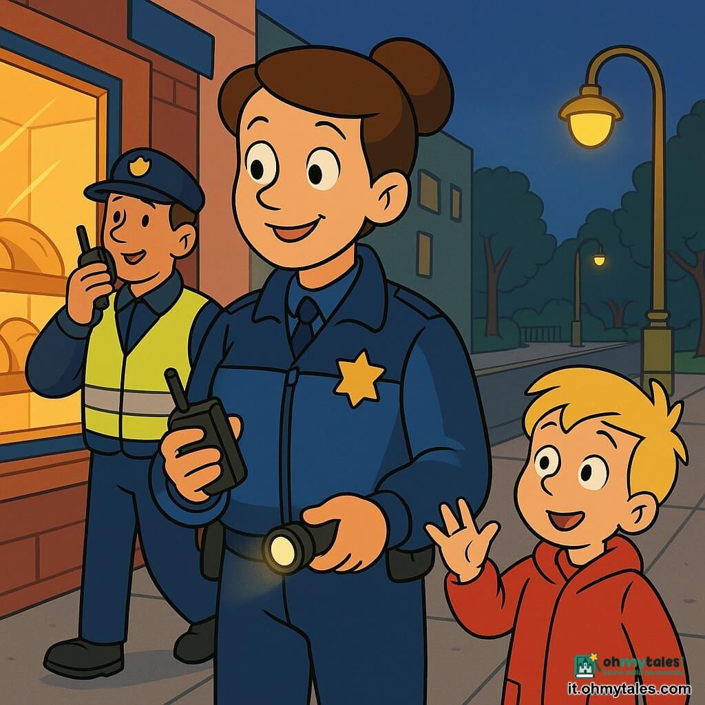 Lina è una poliziotta sorridente e calma, capelli castani raccolti in uno chignon, giacca blu lucida, tiene una radio compatta e una piccola torcia accesa, in piedi sul marciapiede mentre guarda la strada; alla sua destra un bimbo di circa 6 anni con cappotto rosso e capelli biondi saluta con la mano, sguardo meravigliato; un collega di circa 35 anni, volto amichevole, con berretto e gilet rifrangente, sta leggermente dietro a sinistra parlando nel microfono; sullo sfondo una strada di quartiere al crepuscolo con vetrine illuminate, pane in forno visibile, lampioni gialli, alberi e una bassa recinzione; scena centrata su Lina, atteggiamento protettivo e rassicurante, stile da cartone animato anni 90 con colori morbidi, contrasti e tratti semplici e arrotondati.