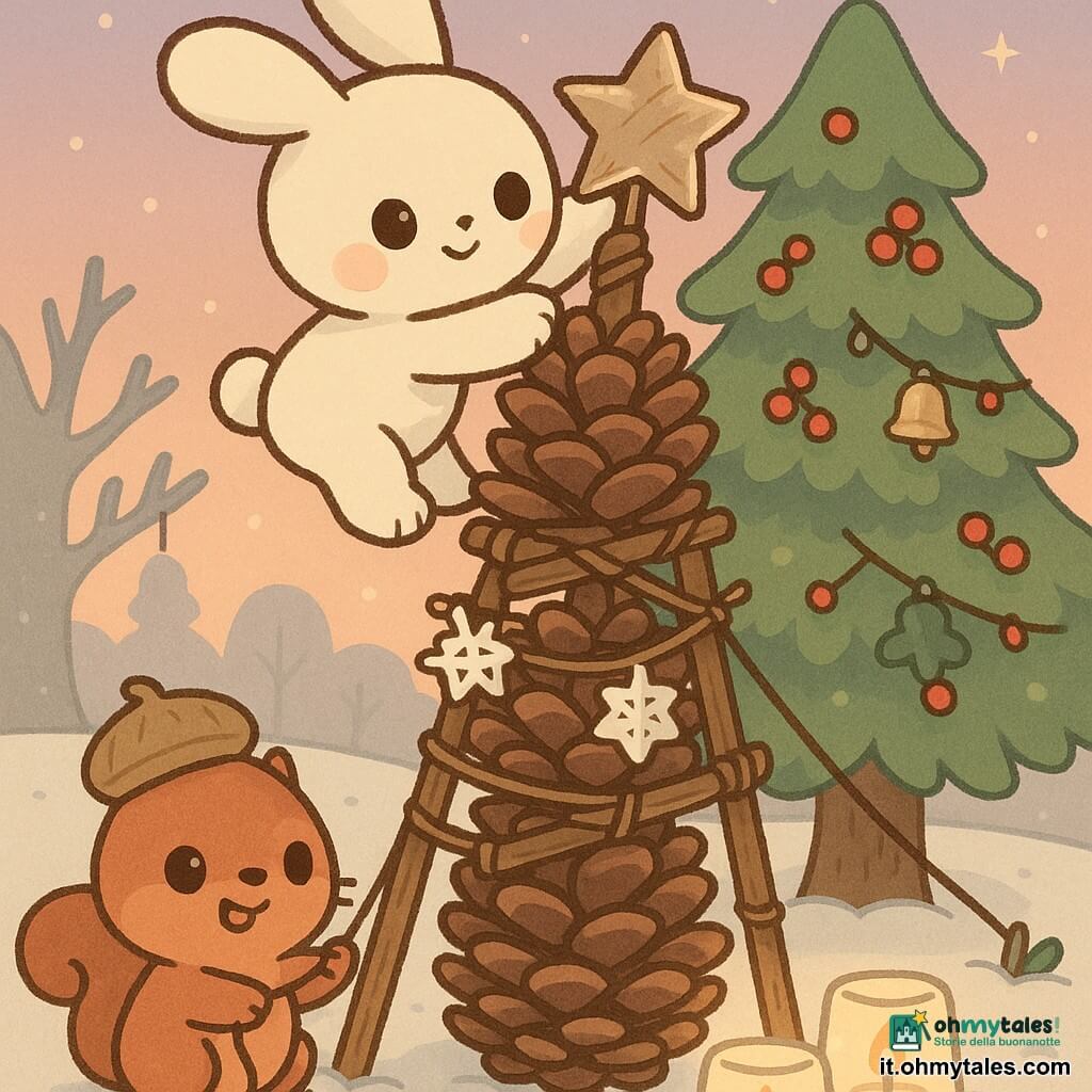 Rino, un piccolo coniglietto di peluche crema dalle lunghe orecchie morbide, volto tondo e grandi occhi brillanti, mostra concentrazione gioiosa mentre, arrampicato su una torre di grosse pigne e rami, porge una zampa per posare una piccola stella metallica rigata e un po' consumata; Nocciola, uno scoiattolo rosso compatto con un berretto improvvisato fatto di mezza noce, occhi vivaci e sorriso malizioso, sta alla base della torre con entrambe le zampette sollevate per stabilizzare la struttura e tenere una corda di sostegno. La torre è fatta di pigne impilate, corde annodate, bastoncini e bandierine di carta piegate a fiocco, ancorata con ghirlande di legno e un filo al tronco; la scena si svolge in una radura innevata al crepuscolo con un abete verde brillante decorato di bacche rosse e piccoli campanellini, lanterne di ghiaccio appese ai rami, terreno polveroso e cielo pastello violetto-arancio con stelle timide. Momento tenero e leggermente buffo: il coniglio, aiutato dallo scoiattolo, posa con cura la stellina in cima all'albero mentre fiocchi di carta danzano piano per mitigare il vento; palette dolce e contrastata di crema, rossiccio, verde abete e rosso rubino con accenti metallici sulla stella, texture soffici e contorni arrotondati, luce calda da lanterne e candele a terra.