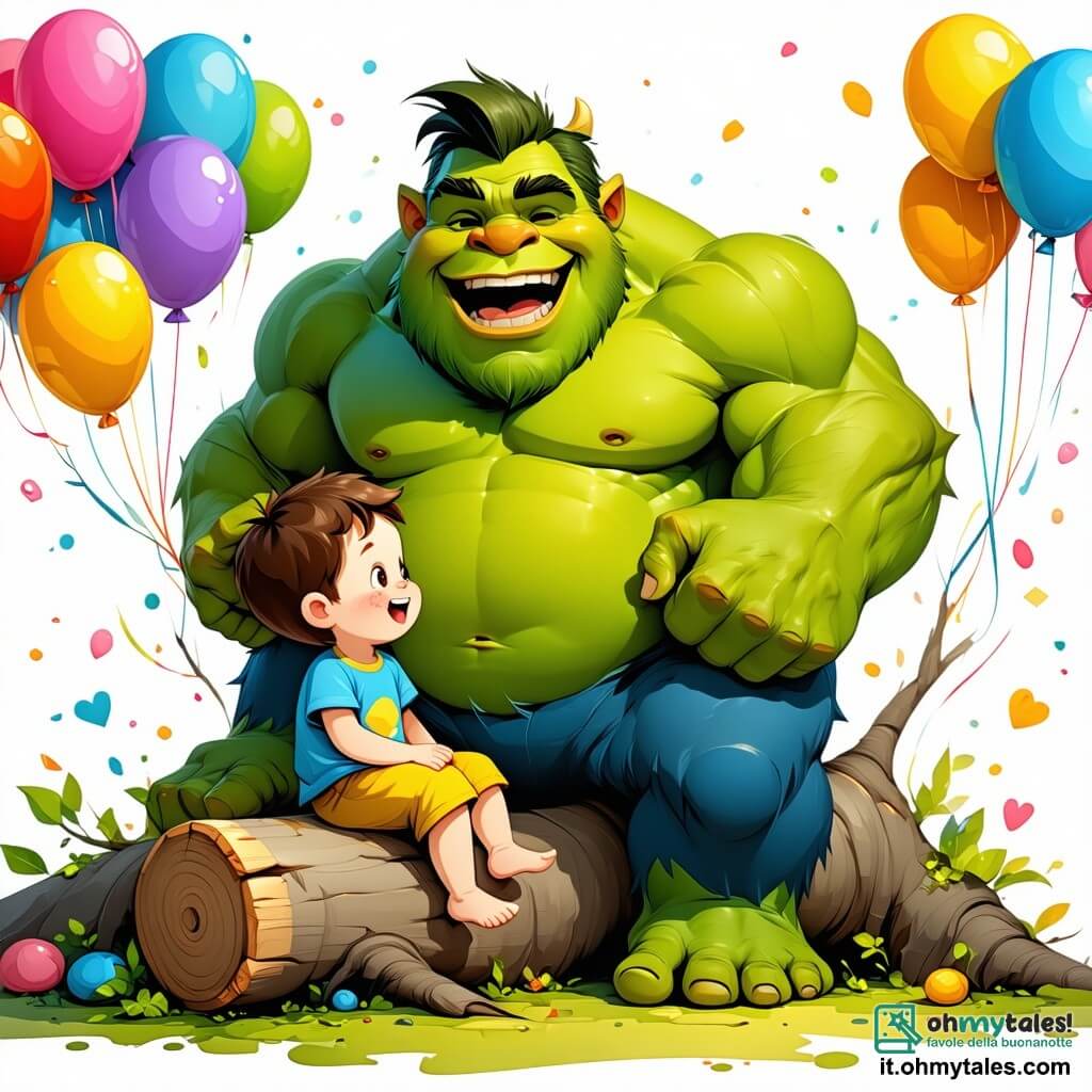 Un gigante orco, di nome Orazio, con la pelle verde e capelli disordinati simili a un cespuglio, ride fragorosamente, con gli occhi scintillanti di gioia. È seduto su un grande tronco d'albero, circondato da palloncini colorati che fluttuano intorno a lui, creando un'atmosfera festosa. Accanto a lui, Gigi, un ragazzo di circa 8 anni con capelli castani arruffati e un sorriso radioso, tiene un palloncino a forma di pesce, ridendo con entusiasmo. Indossa una camicia a righe colorate e pantaloni corti. Lalla, una piccola coniglietta bianca con grandi orecchie, sta vicino a Gigi, saltellando gioiosamente, con gli occhi brillanti di eccitazione. La scena si svolge in una radura incantata, dove gli alberi sono decorati con fiori vivaci e ghirlande di luci scintillanti. Il terreno è coperto di foglie multicolori, e un lago scintillante riflette il cielo blu, aggiungendo un tocco di magia all'ambiente. La situazione principale mostra Orazio che ride così forte che una nuvola di palloncini si alza nel cielo, mentre Gigi e Lalla si preparano a partecipare a un gioco divertente per acchiappare i palloncini che scappano, creando un'atmosfera di gioia e amicizia.