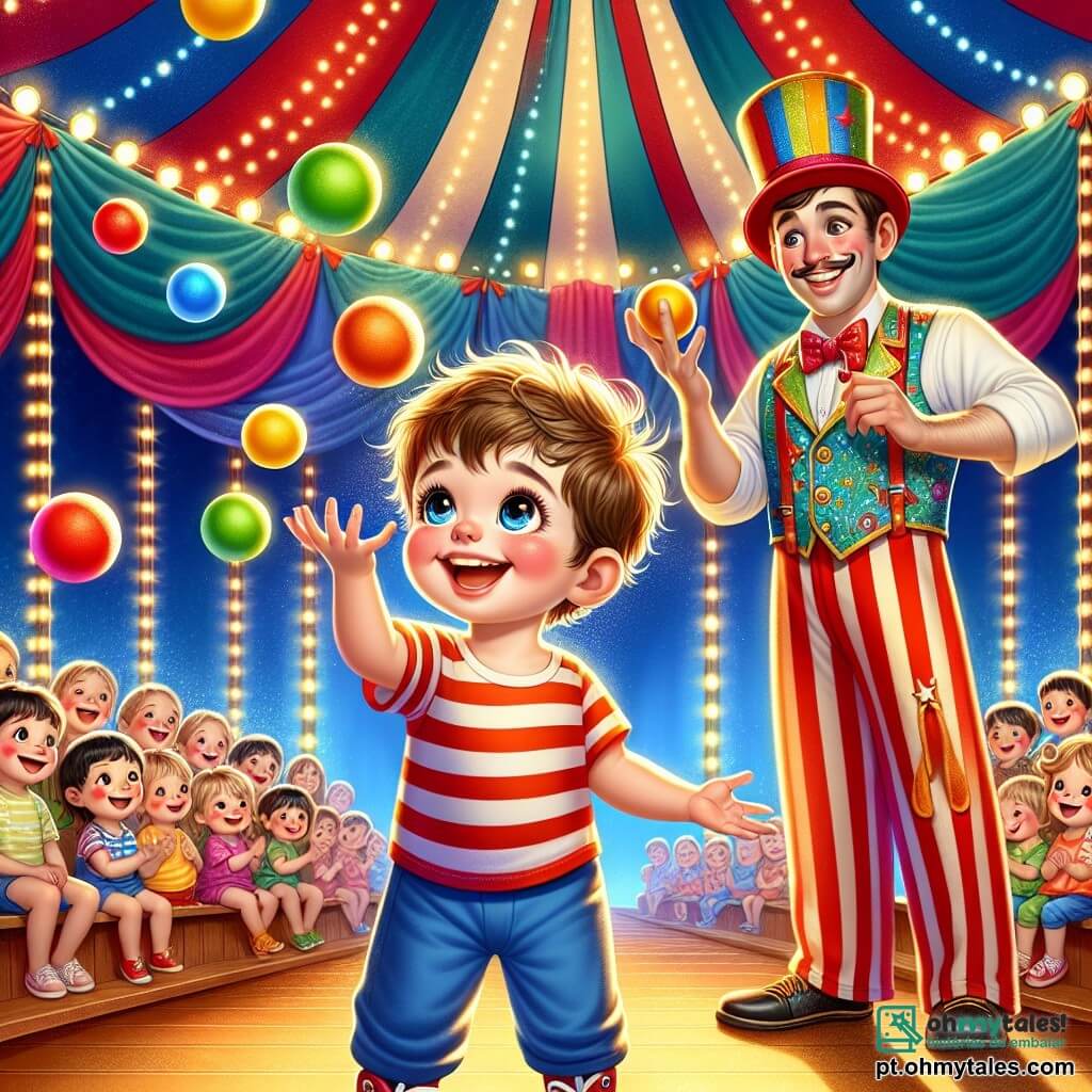 Um menino de 2 anos, Léo, com cabelo castanho bagunçado e olhos brilhantes de alegria, está no centro da imagem, lançando bolinhas coloridas ao ar com um grande sorriso no rosto. Ele usa uma camiseta vermelha listrada e uma calça azul, e sua expressão demonstra uma excitação contagiante. Ao lado dele, um malabarista, um homem de cerca de 30 anos, com um bigode fino e um chapéu alto, o observa com um sorriso encorajador. Ele veste um traje colorido com padrões vibrantes e segura uma bengala de malabarismo, pronto para ajudar Léo. Ao fundo, o circo está decorado com grandes faixas multicoloridas, luzes cintilantes e uma tenda listrada vermelha e branca. Espectadores maravilhados, crianças e adultos, estão sentados em bancos de madeira, aplaudindo e rindo. A cena mostra Léo malabarizando com entusiasmo, as bolinhas flutuando no ar, enquanto o malabarista o incentiva com gestos amigáveis, criando uma atmosfera alegre e mágica no coração do circo.
