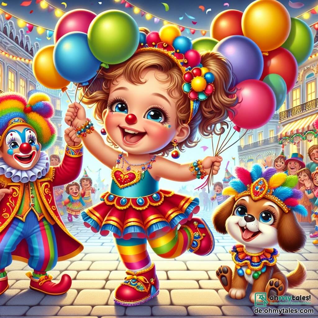 Ein einjähriges Mädchen mit lockigem Haar und funkelnden Augen trägt ein buntes Karnevalskostüm in Rot, Blau und Gelb. Sie springt vor Freude mit einem großen Lächeln im Gesicht und hält bunte Ballons in ihren kleinen Händen. Neben ihr tanzt ein fröhlicher Clown von etwa 30 Jahren mit einer großen bunten Perücke und einer roten Nase und macht Grimassen, was zur festlichen Atmosphäre beiträgt. Ein kleiner brauner Hund mit einer kleinen Karnevalsmaske steht neben ihr und wedelt aufgeregt mit dem Schwanz, bereit zum Spielen. Die Szene spielt in einem lebhaften Dorf, das mit Lichterketten und schwebenden Ballons dekoriert ist, während Menschen um einen großen Platz lachen und tanzen, wo ein Karnevalsfest stattfindet. Das Mädchen und ihre Freunde haben Spaß daran, bunte Ballons zu sammeln, voller Freude und Lachen in einer festlichen und herzlichen Atmosphäre.