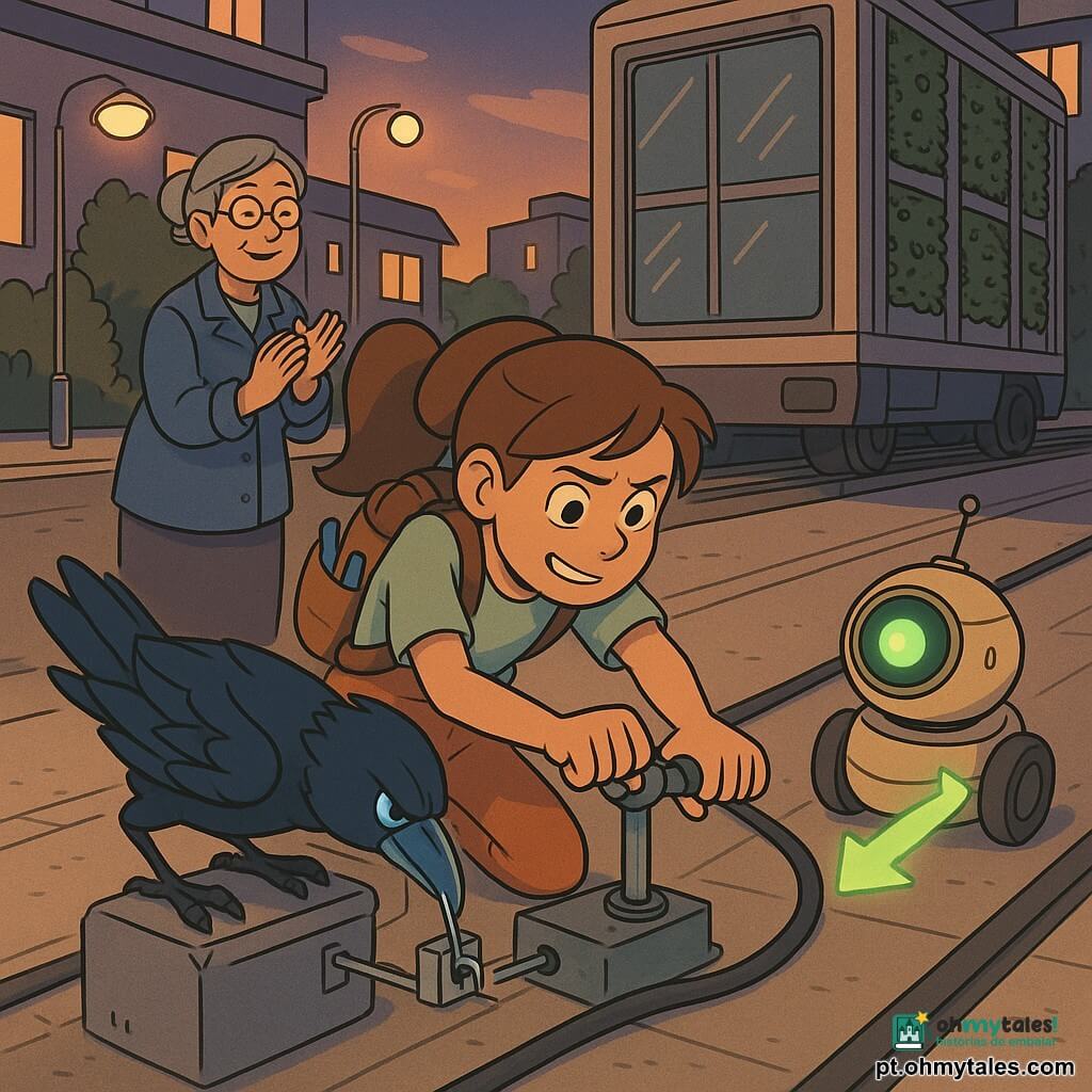 Um corvo mecânico do tamanho de um gato, penas de carbono mate e bico azul luminoso, pouse perto de uma pequena caixa mecânica puxando delicadamente uma goupilha; Iara, menina de 12 anos, cabelo castanho em rabo, mochila de ferramentas, aliviada e concentrada, gira uma manivela metálica inclinada em esforço controlado; Miro, pequeno robô sobre rodas com grande "olho" verde e listras amarelas, projeta no chão uma seta luminosa e vigia o cabo à frente do módulo em movimento; Tia Sónia, idosa de cabelo grisalho preso, de bata de oficina, observa um pouco afastada, sorrindo e aplaudindo; num bairro modular futurista com piso claro, trilhos magnéticos e um grande módulo metálico e de vidro a deslocar-se devagar entre hortas verticais e lâmpadas suaves, um cabo elétrico espesso quase esmagado pela base metálica — a equipe humano-robótica aciona manivela e goupilha para enrolar o cabo no último segundo ao crepúsculo, criando uma atmosfera de cooperação e suspense controlado.