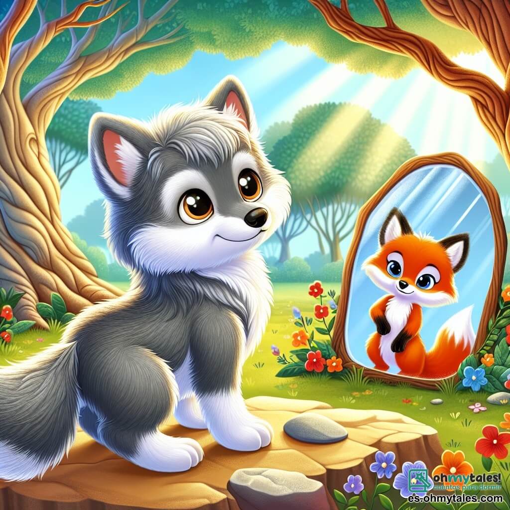 Ilustración que representa a un pequeño lobo con un pelaje suave y sedoso de color gris claro, ojos brillantes y curiosos. Expresa determinación y asombro, de pie sobre una gran roca en el centro de un claro soleado, mirando un espejo brillante que refleja su imagen. A su lado, un astuto zorro con un pelaje naranja vivo y una cola espesa observa con una sonrisa traviesa, listo para alentar al pequeño lobo en su búsqueda. El lugar es un claro mágico, rodeado de grandes árboles con troncos nudosos y hojas brillantes bajo el sol. Flores coloridas bailan al ritmo del viento, y rayos de luz filtran entre las ramas, creando una atmósfera encantada. La situación principal muestra al pequeño lobo frente al espejo de la verdad, listo para descubrir quién es realmente, mientras el zorro lo anima con una mirada cómplice. Otros elementos gráficos incluyen mariposas de colores revoloteando, sombras misteriosas en los rincones del claro y un cielo azul brillante con nubes blancas esponjosas, añadiendo un toque de magia a esta escena de exploración y descubrimiento.
