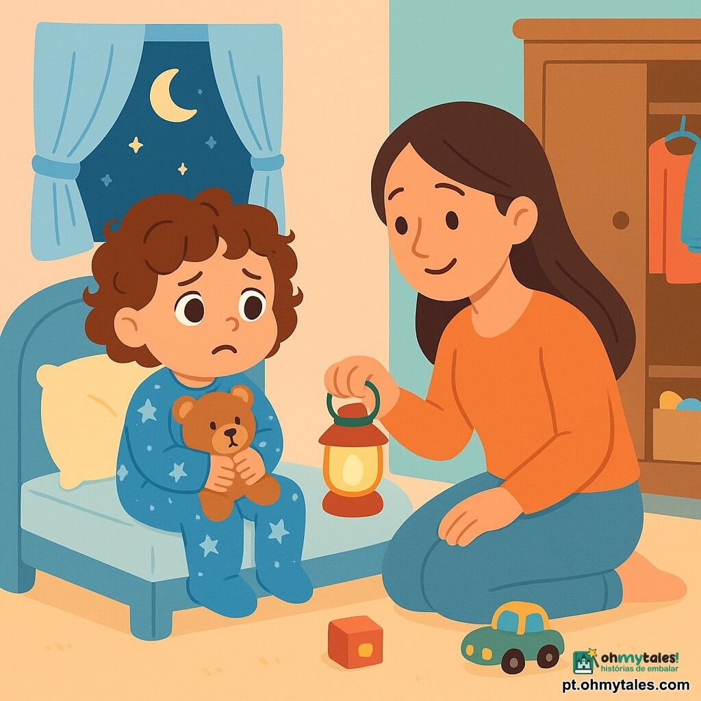 Uma menina de 2 anos, com grandes olhos brilhantes e cabelos cacheados, está sentada em sua cama. Ela usa um pijama azul com estrelas e segura um ursinho de pelúcia contra ela. Seu rosto mostra uma expressão de preocupação, com sobrancelhas franzidas e uma boca em forma de "o". Ao lado dela, sua mãe, uma mulher doce de cerca de 30 anos, com cabelos longos e lisos, se ajoelha perto da cama. Ela sorri calorosamente e segura uma pequena lanterna que ilumina suavemente o quarto. O quarto é aconchegante, com paredes pintadas em tons pastel, cortinas leves que deixam passar a luz da lua e brinquedos espalhados pelo chão. Um grande armário de madeira está em um canto, com roupas coloridas que se destacam levemente. A situação principal mostra a menina que, embora levemente assustada pela escuridão, começa a se sentir mais tranquila graças à presença reconfortante da mãe e à suave luz da lanterna.