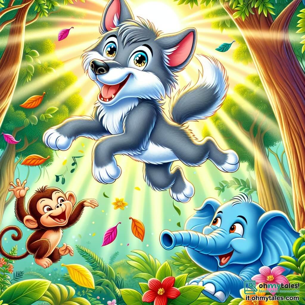 Un lupo gioioso di nome Lupo Lollo, con un pelo grigio e occhi scintillanti di malizia, salta in aria con un grande sorriso, circondato da foglie colorate che volano intorno a lui. Accanto a lui, Scimmietta Rossa, una piccola scimmia dai peli rossi, ride mentre si dondola da un ramo all'altro, mentre Elefantino Blu, un elefante carino con la pelle blu e grandi orecchie, è seduto per terra, ridendo del suo tentativo di salto. Sullo sfondo, la giungla lussureggiante è piena di grandi alberi verdi, fiori vivaci e raggi di sole che filtrano attraverso il fogliame. La scena mostra Lupo Lollo e i suoi amici divertirsi in una competizione di salti, creando un'atmosfera gioiosa e piena di risate.