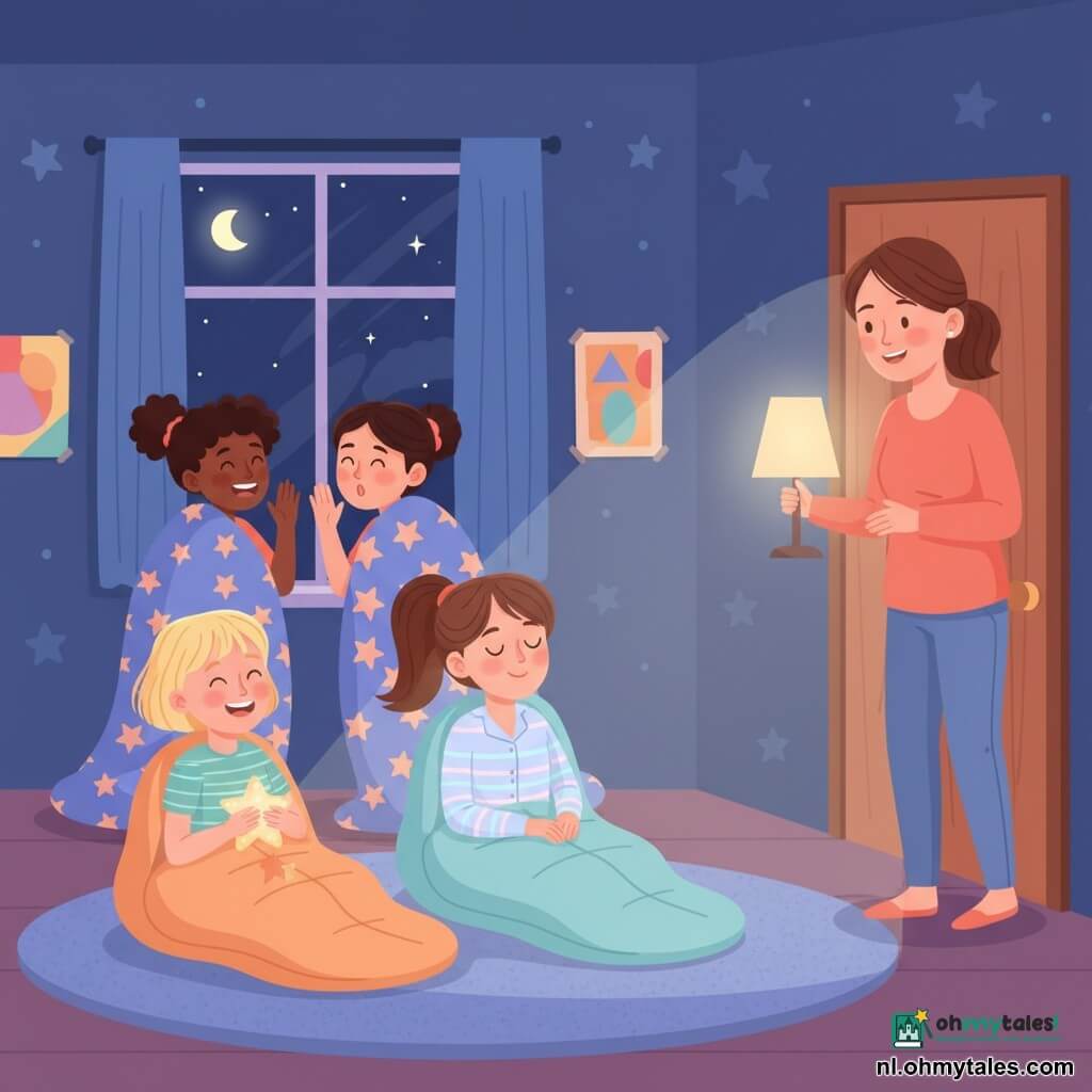Een 12‑jarig meisje, Sophie, zit in een slaapzak in het midden van de scène, sereen en licht glimlachend met halfgesloten ogen; haar moeder (~35) staat bij de open deur met een uitgeschakelde nachtlamp, bemoedigend kijkend; vriendin Emma (12) ligt links in een slaapzak, blond en zacht lachend met een lichtgevende knuffel; twee andere 12‑jarige vriendinnen fluisteren en lachen op de achtergrond onder sterrendekens. De kinderkamer is \'s nachts zacht verlicht, blauw met sterrenstickers en een raam naar een sterrenhemel; het is een pyjamafeestje waarin Sophie haar angst voor het donker overwint, met een warme, kalme sfeer en zachte blauwtinten.