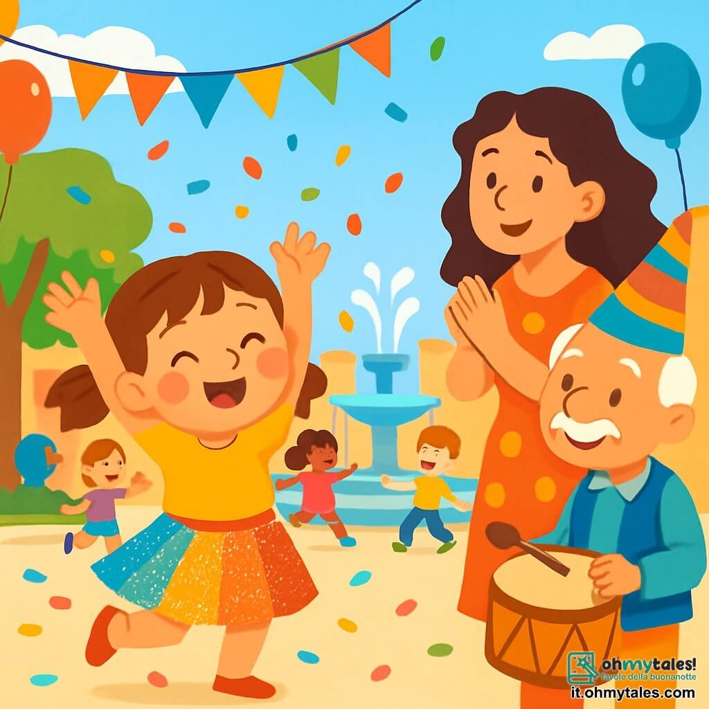 Una bambina di 4 anni, di nome Stella, con capelli castani raccolti in due codini, guance rotonde e rosa, indossa una bella gonna colorata che brilla sotto il sole. Danza gioiosamente, con le braccia alzate e un grande sorriso che illumina il suo viso, circondata da coriandoli multicolori che cadono attorno a lei. Accanto a lei, sua madre, una donna di circa 30 anni con capelli lunghi e ricci, indossa un vestito festivo e applaude con orgoglio, tenendosi leggermente indietro per incoraggiare la figlia. Un uomo anziano, con un grande cappello colorato, si trova un po' più lontano, tenendo un tamburo e sorridendo mentre guarda la scena, contribuendo all'atmosfera gioiosa. Il luogo è una piazza animata, decorata con festoni colorati e palloncini fluttuanti, con bambini che danzano e giocano attorno a una grande fontana, sotto un cielo blu splendente. La scena principale mostra Stella che si diverte a ballare con i suoi amici, tutti uniti in una gioiosa farandola, mentre i coriandoli volano nell'aria, creando un'atmosfera festiva e magica di carnevale.