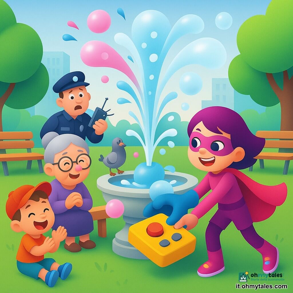 Una supereroina sorridente e maliziosa con mantello rosa acceso e capelli corti viola tiene un guanto gigante blu e preme un grande telecomando giallo; un vigilante sorpreso in uniforme blu scuro con fischietto, che tiene il telecomando rotto, è dietro alla fontana; una signora anziana con occhiali tondi e chignon grigio, con una macchia di yogurt rosa sul naso, è seduta su una panchina; un bambino di circa 5 anni con cappellino rosso applaude sulla prato; un piccione grigio fa un piccolo passo di danza sul bordo della fontana; luogo: parco urbano luminoso con prato, alberi e panchine, grande fontana circolare in pietra; situazione: la fontana ha prima sparato yogurt rosa, poi la supereroina ha girato il telecomando su "acqua", ha pulito il naso della signora con il guanto, la fontana ha cantato e lanciato grandi bolle d'acqua e tutti hanno riso e ballato.