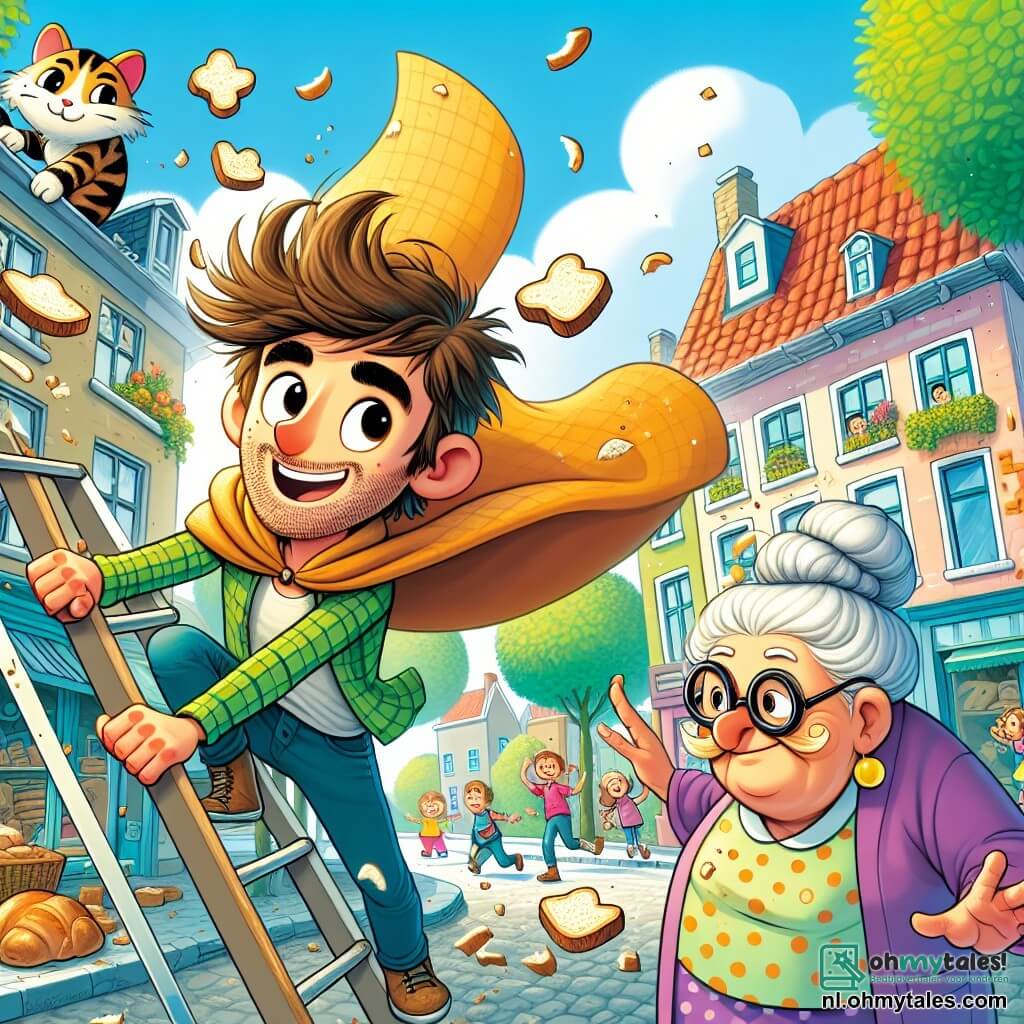 Een man genaamd Bram Boterham, met een rommelige haardos en een grote glimlach, draagt een schort in de vorm van een theedoek dat achter hem wappert. Hij ziet er vastberaden en een beetje onhandig uit, met kruimels brood op zijn t-shirt. Naast hem kijkt een oudere vrouw, mevrouw Jansen, met ronde brillen en een knot, bezorgd omhoog, waar haar kat Muffin, een grote gestreepte kat, op het dak van de bakkerij zit. De locatie is een drukke straat, met een kleurrijke bakkerij, groene bomen en kinderen die in de verte spelen. De hoofdscène toont Bram die probeert Muffin te redden door onhandig een ladder op te klimmen, terwijl er stukjes geroosterd brood om hem heen vliegen, wat een leuke en vrolijke sfeer creëert.
