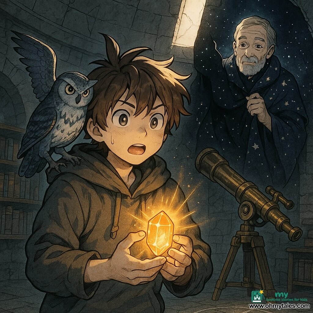 A determined, slightly breathless apprentice wizard boy, Milo, with messy chestnut hair and bright wide eyes, holds a small dawn-colored glass jewel (the emberglass) glowing warm gold; an older man, Master Orin (about 60), with a kindly wrinkled face and short gray beard, in an ink-stained wizard robe, emerges from a starry black surface in the background with one hand on the rim as if pulling himself up; an iridescent-ink-and-silver-feathered owl named Nyx with silver eyes perches on Milo’s shoulder, wings slightly spread and alert; interior: an old stone observatory with a cracked dome and a wide slit of light, a polished brass telescope with visible gears, dusty bookshelves and a stone floor marked by a chalk circle with three small sparkling crystals; main scene: Milo stands center, anchoring a fissure between worlds by holding the emberglass that captures a hook of light while strands of light around the dome’s crack tighten, conveying relieved tension and contained magic; visual style: soft but contrasting colors (night blues, stone grays, warm gold), clean manga-like lines, dramatic lighting on the jewel and fissure, and detailed textures (worn wood, polished metal, drifting dust).