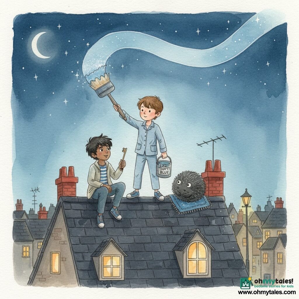 Three characters: Milo, about 10, short chestnut hair, light-blue pajamas and sneakers, stands center on a slate roof holding a large brush dipped in a pot labeled "SOFT BLUE" and painting a wide ribbon of sky; Jay, about 10, messy black hair, striped tee under a light jacket, crouches left near the roof edge holding a brass key and watching the floating watercolor with wonder; Night‑Snatcher, a small nonhuman, round hedgehog‑like puff of black smoke with silver streaks, curls on a small blue cloth to Milo's right and watches the paint. The scene: night on a slate rooftop with red chimneys and a fragile antenna above warm-windowed houses and a dim streetlamp; a broad soft‑blue watercolor band floats across the deep night sky with fine stars and a crescent moon. Mood: whimsical, gentle colors, friendly gestures, wet watercolor texture and controlled drips, soft light from windows and the "Soft Blue" pot.