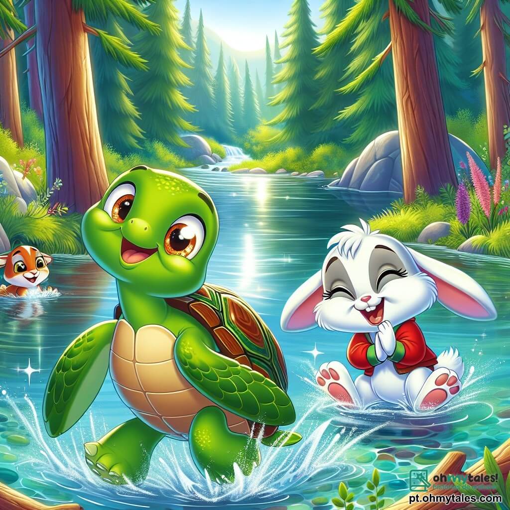 Uma pequena tartaruga chamada Tina, com uma carapaça verde e olhos brilhantes de alegria, nada alegremente em um lago cristalino, suas nadadeiras se agitando na água. Ela exibe um grande sorriso, mostrando que está se divertindo com seus amigos. Ao lado dela, um coelhinho travesso chamado Roni, com pelagem branca e grandes orelhas, salta da água rindo, seus olhos brilhando de excitação. Perto dali, uma raposa chamada Lila, com pelagem ruiva e uma cauda espessa, aplaude enquanto se senta na margem, seu rosto radiante de felicidade. O cenário é uma floresta verdejante, com árvores majestosas ao redor do lago, raios de sol filtrando através das folhas, criando reflexos cintilantes na água. A cena mostra a amizade e a alegria, com os três amigos se divertindo juntos em um momento de pura felicidade.