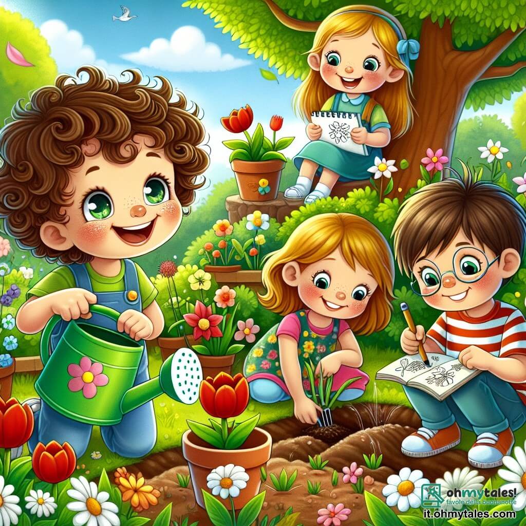 In un giardino soleggiato, quattro bambini sono riuniti attorno a un vaso di fiori. Marco, un ragazzo di sette anni con i capelli ricci e gli occhi scintillanti, tiene un piccolo annaffiatoio verde e sorride felicemente. Alla sua destra, Sofia, una ragazza di sette anni con lunghi capelli castani e un vestito colorato, disegna fiori sul suo quaderno. A sinistra, Luca, un ragazzo di sette anni con capelli biondi e occhiali tondi, scava una piccola buca con una paletta, concentrato sul suo compito. Infine, Davide, un ragazzo di sette anni con capelli castani e una maglietta a righe, è accovacciato mentre pianta con cura dei semi.

Il giardino è pieno di fiori colorati, con tulipani rossi, margherite bianche e giunchiglie gialle che danzano al vento. Sullo sfondo, un grande albero con foglie verdi brillanti offre ombra, mentre un cielo blu chiaro è punteggiato da alcune nuvole bianche e soffici.

I bambini si divertono a piantare fiori insieme, ridendo e condividendo biscotti a forma di fiore, celebrando così l'arrivo della primavera e la loro amicizia.