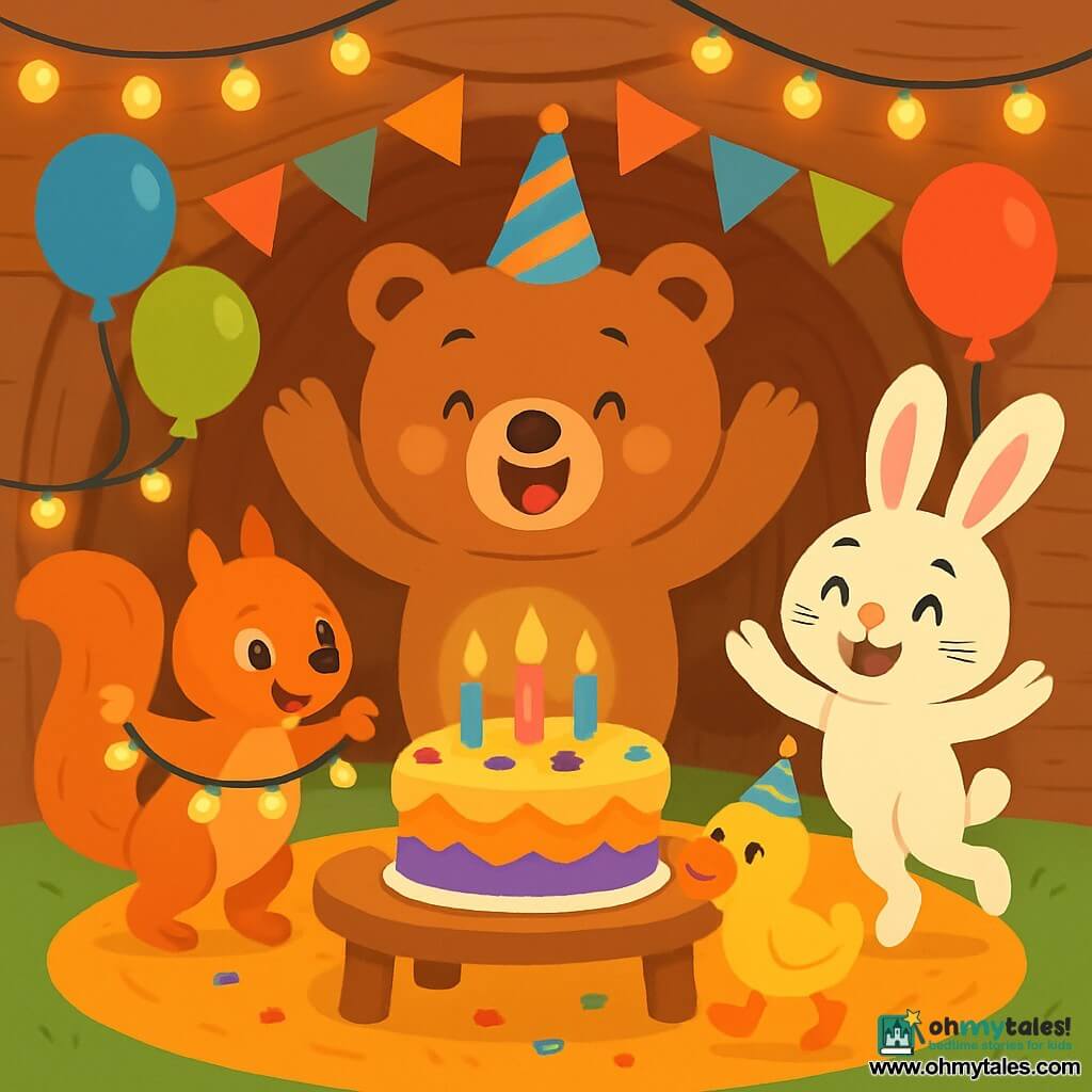 A soft, round teddy bear with brown fur and sparkling eyes stands in the center, smiling widely and raising its arms in excitement to celebrate its birthday. To its right, a rabbit with big white ears and rosy cheeks joyfully dances with its hind legs in the air. On the left, a curious and playful red squirrel holds a string of twinkling lights that it is trying to shake. A bright yellow duck, with a smiling beak, is slightly behind, jumping in place with a party hat on its head, full of excitement. The scene takes place in a cozy bear den decorated with colorful balloons and string lights, featuring warm wooden walls and a fluffy rug. In the center, a large table is laden with brightly colored cakes, sparkling candles, and shiny confetti. The bear and its friends are celebrating together, laughing and dancing around the twinkling lights, creating a festive and joyful atmosphere.