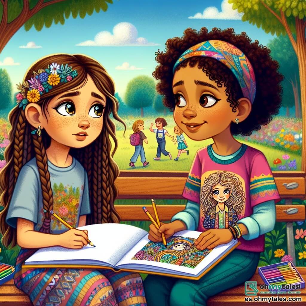 En primer plano, una niña de 9 años, Sofía, con largas trenzas castañas y ojos brillantes, sentada en un banco del parque, mira pensativa un cuaderno de dibujos abierto sobre sus piernas. Su expresión es melancólica pero llena de esperanza, como si reflexionara sobre sus emociones. A su lado, su mejor amiga Carla, también de 9 años, con cabello rizado y una camiseta colorida, le sonríe amablemente, sosteniendo una caja de lápices de colores. Carla se inclina ligeramente hacia Sofía, animándola a dibujar. Al fondo, el parque es vibrante de colores, con árboles de hojas verdes brillantes, flores multicolores y un cielo azul salpicado de nubes blancas. Niños juegan a lo lejos, añadiendo un toque de alegría a la escena. La situación principal muestra a Sofía y Carla conversando y dibujando juntas, simbolizando el apoyo y la amistad en momentos difíciles, capturando la esencia de la resiliencia y la esperanza.