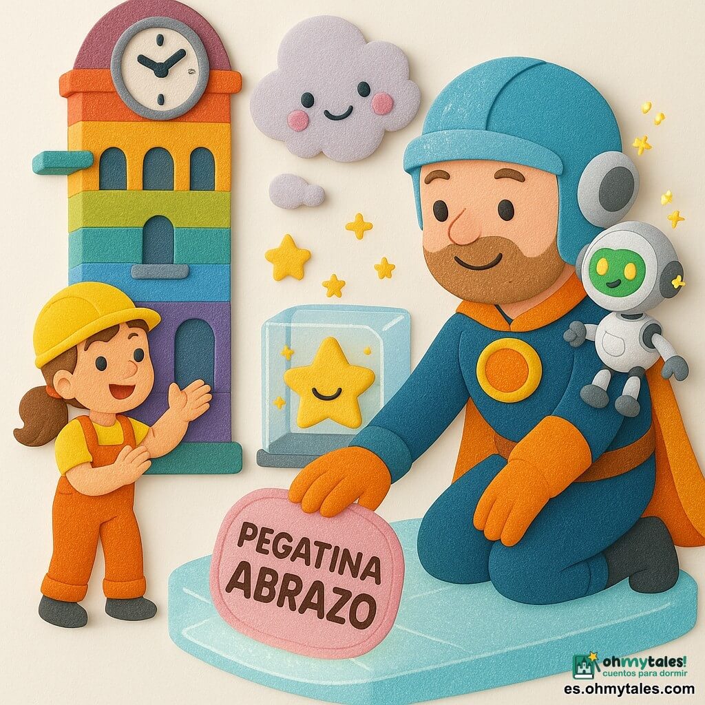 Un hombre, el Capitán ChispaNube, sonriente y concentrado, rostro redondo con ligera barba, casco azul cielo brillante, capa amarillo-anaranjada que reluce y traje azul oscuro con un gran botón rojo y dorado en el pecho; arrodillado en una plataforma luminosa, extiende la mano para pegar una gran "Pegatina Abrazo" brillante. Junto a él, en su hombro derecho, está Lúmi, un pequeño robot redondo blanco y plateado con ojos-linterna verdes que emite chispas amistosas y mira la escena con alegría. A la izquierda, Nara, ingeniera adulta, con casco amarillo, peto naranja y coleta castaña, está de pie al pie de la torre, cerca de una puerta metálica, aplaudiendo y señalando la batería estelar. Una Nube Chicle Espacial, grande y esponjosa, gris claro con reflejos rosados, ojos dulces y sonrisa, se desprende de una pequeña caja de cristal y flota justo sobre la batería para posarse sobre la pegatina. El lugar es la Torre del Reloj Arcoíris, una torre alta con bandas horizontales multicolores, ventanas en arco, plataformas flotantes translúcidas y cables luminosos, con pequeñas estrellas decorativas alrededor de la caja de cristal que contiene la batería. Momento cálido y luminoso: el héroe pega la pegatina brillante, la nube se posa, la batería estelar recupera su brillo y el gran cadrán del reloj marca un tic-tac alegre; ambiente suave, colores vivos y texturas tipo gommetta.