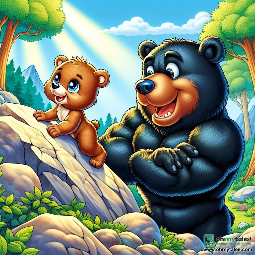 Little Bear, a small brown bear with sparkling eyes and a wide smile, climbs enthusiastically onto a large rock, his little paws gripping the rough surface, displaying an expression of determination and joy. Beside him, Champion Bear, a large muscular black bear with shiny fur and an encouraging look, smiles broadly, standing firmly on another rock, ready to help. The setting is a beautiful sunny forest with lush green trees and rays of sunlight filtering through the leaves, illuminating the rocky path leading to majestic peaks. The main scene shows Little Bear and Champion Bear in the midst of their climb, sharing a moment of camaraderie and challenge as they strive to reach the top of a large rock, surrounded by vibrant and colorful nature.