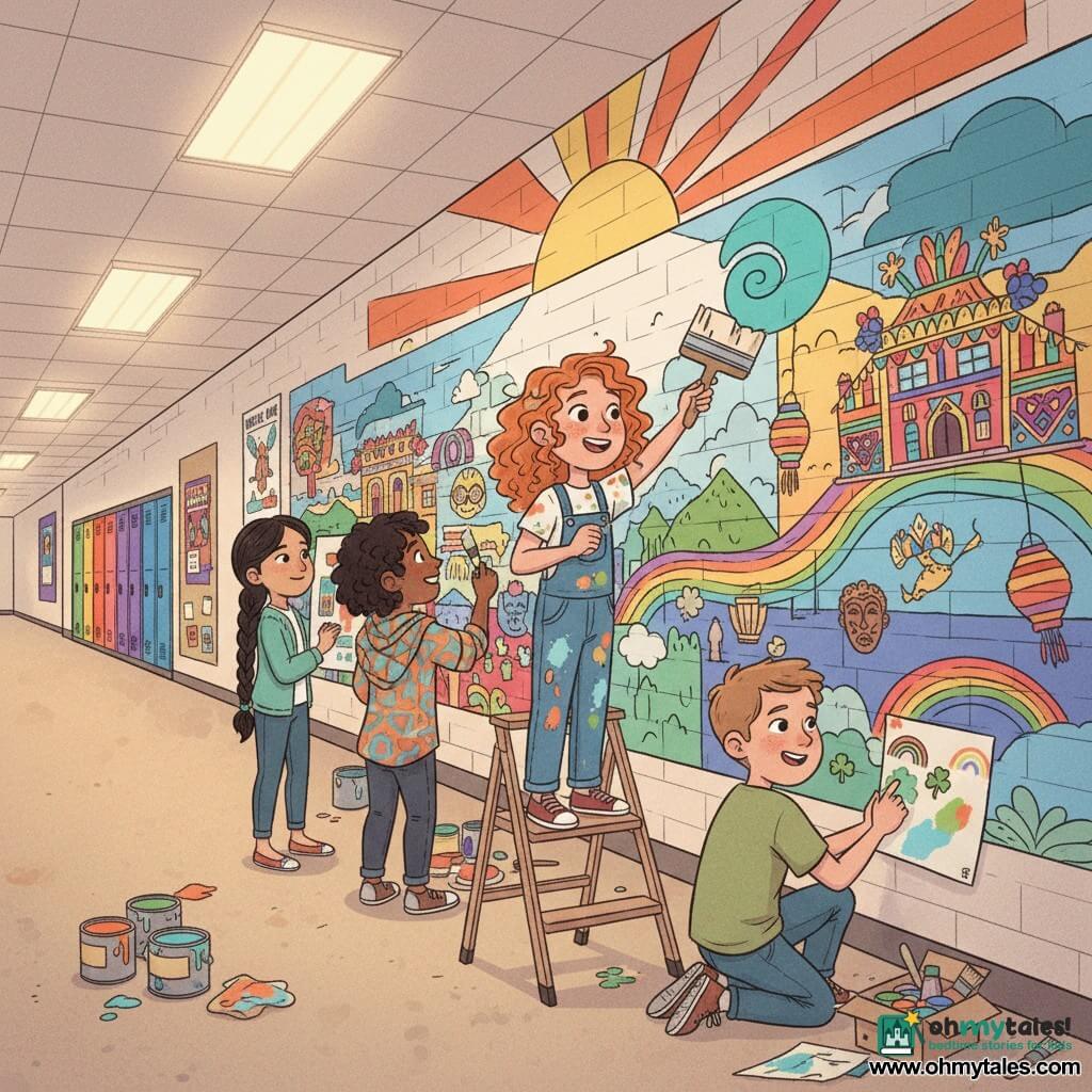 Twelve-year-old Mia, joyful and focused with curly red hair and freckles, stands on a small step stool holding a large turquoise-stained paintbrush in paint-splattered denim overalls; to her left Amina, 12, of Moroccan origin with lightly tanned skin and black curly hair tied with a geometric scarf, adds orange and blue mosaic patterns; to Mia's right Liam, 12, of Irish descent with light brown hair and a mischievous smile, paints green shamrocks and rainbows while crouched by a paint box; slightly behind them Jasmine, 12, from the Philippines with fair skin and braided black hair, shy but proud, holds a colorful sheet depicting the Pahiyas festival; they work together in a wide school hallway with a long light-brick wall turned into a mural, colorful lockers and Diversity Week posters in the background, open paint pots and rags on the floor, painting a collaborative, enthusiastic mural celebrating diversity with a sunrise at the top, cultural symbols, vivid colors and visible brushstroke textures.