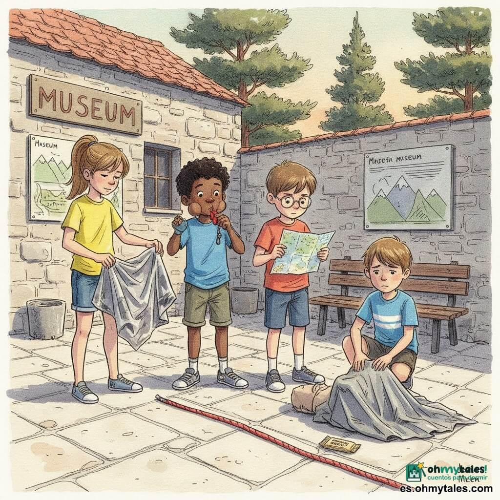 Hay 4 niños: Lucía, niña de 12 años, pelo castaño en coleta alta, camiseta amarilla y short vaquero, de pie a la izquierda sosteniendo con cuidado una manta térmica plateada; Amir, niño de 12 años, piel morena y pelo negro rizado, de pie centro-izquierda soplando un silbato rojo con expresión divertida; Dani, niño de 12 años, pelo castaño corto y gafas redondas, centro-derecha, mirando serio una carta con una brújula abierta; Nico, niño de 12 años, pelo castaño claro, rostro tímido pero concentrado, agachado a la derecha con una mano sobre el hombro de una monitora simulada. Lugar: patio de un pequeño museo de piedra con suelo empedrado claro, banco de madera desgastado, paneles con ilustraciones de montañas, una cuerda en el suelo que marca una "cornisa" y pinos al fondo, luz de tarde cálida y sombras marcadas. Situación: simulacro de rescate en montaña en un club de verano; equipo atendiendo a una monitora herida de mentira, gestos coordinados, objetos visibles: silbato rojo, brújula metálica, manta térmica plateada y barrita energética beige; expresiones concentradas y solidarias, composición clara, colores vivos y trazos nítidos con texturas detalladas de piedra, tela y metal.
