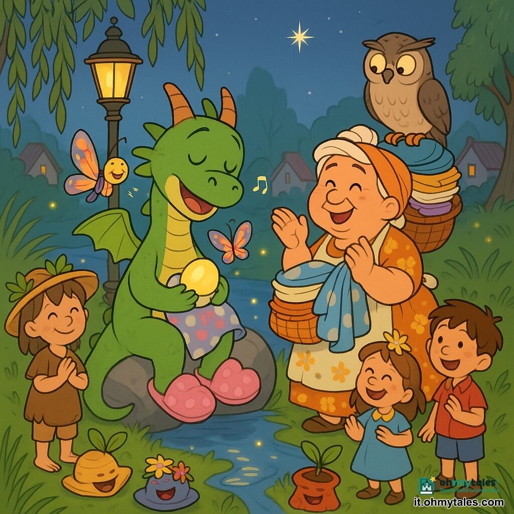 Un piccolo drago bambino sorridente dalle scaglie verde tenue, con ciabatte rosa troppo grandi, seduto su una grande pietra liscia vicino a un ruscello, tiene una copertina a pois e culla una piccola pietra che brilla mentre canta una ninna nanna; accanto a lui la signora Brocca, anziana lavandaia tonda in abito a fiori dagli occhi dolci, sorregge una pila di panni colorati e segue il ritmo battere le mani; una farfalla di carta multicolore posa sulla spalla del drago e batte le ali come un metronomo; Guardino, il gufo scettico dal piumaggio grigio-bruno, osserva dall'alto di un vecchio lampione con aria divertita; alcuni bambini del villaggio raccolgono cappelli insoliti a terra, alcuni con foglie e fiori piantati sopra; ambientazione: riva al crepuscolo con erba ondeggiante, salici dal fogliame cadente, pozzanghere che riflettono, lucciole e una stella bassa; scena: momento tenero e buffo in cui il drago calma un antico incantesimo raffigurato dalla pietra luminosa mentre intorno tutto viene rimesso in ordine.