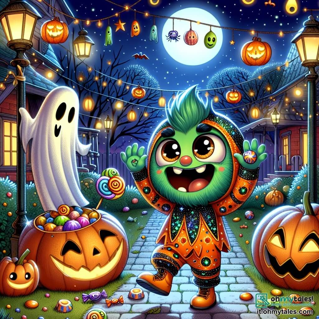 Un piccolo mostro verde, con grandi occhi rotondi e un sorriso splendente, indossa un costume arancione brillante decorato con motivi neri luccicanti. Salta di gioia in un giardino decorato per Halloween, circondato da lanterne a forma di zucca e fantasmi di carta. Accanto a lui, un piccolo fantasma, fluttuando nell'aria con un lenzuolo bianco e occhi pieni di curiosità, guarda il mostro con ammirazione, mentre tiene in mano una manciata di caramelle colorate. Più lontano, un gnomo allegro, con una barba rossa e un cappello a punta, danza ridendo, aggiungendo un tocco di magia alla scena. Il luogo è un quartiere festivo, illuminato da stelle scintillanti e decorazioni di Halloween, con case adornate da ragnatele e luci tremolanti. La scena principale mostra il piccolo mostro che usa i suoi poteri magici per aprire una porta di legno decorata, rivelando un castello di caramelle all'interno, mentre risate e grida di gioia risuonano attorno a lui.