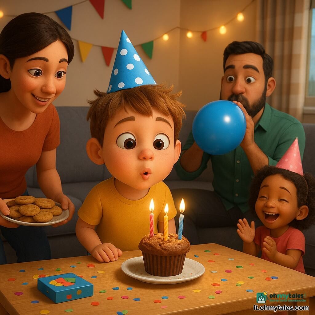 Un bambino di 4 anni, felice e meravigliato, soffia le candeline su una piccola torta; ha capelli castano chiaro spettinati, occhi nocciola e guance rosate, indossa un cappellino di festa blu a pois e una maglietta gialla; la madre (circa 30 anni) sorridente, capelli castani raccolti, tiene un vassoio di biscotti dietro la tavola a sinistra; il padre (circa 35 anni), barbuto con camicia verde, gonfia un palloncino a destra vicino al divano; una bambina vicina di circa 5 anni con cappellino di carta rosa applaude davanti al tavolo; un cugino di 4 anni con berretto rosso è accucciato a giocare con una trombetta di plastica; il salotto è accogliente con divano grigio, tavolino chiaro, ghirlande colorate, luci LED calde e una finestra con tenda a righe; biscotti su un piatto, coriandoli, e una scatola di enigmi sul tavolo; scena di festa calma e luminosa, colori saturi, texture morbide, composizione centrata sul bambino che soffia le candeline, stile film d'animazione 3D con illuminazione calda e resa dettagliata dei tessuti e degli oggetti di festa.