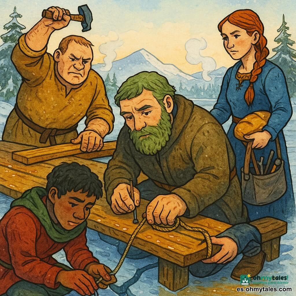 Einar: hombre de rostro serio y benevolente, barba gruesa verdosa como liquen, abrigo de lana gruesa, sostiene una cuerda y un clavo mientras fija una tabla del muelle. Aslak: hombre de unos 45 años, corpulento y musculoso, gesto hosco, martillo en alto, clava una tabla a la izquierda de Einar. Tove: mujer de unos 30 años, trenza, mirada decidida, bolso de herramientas y pan caliente bajo el brazo, presta una tabla a la derecha de Einar. Knut: joven de unos 17 años, rostro apenado pero concentrado, manos enrojecidas por el frío, arrodillado atando una cuerda fuerte junto a la grieta del muelle. Lugar: muelle de madera desgastada junto a un fiordo helado, tablas húmedas, hielo agrietado al final, pinos nevados y montañas bajas bajo un cielo pálido matinal. Situación: reparación colectiva del muelle tras una grieta en el hielo — martillos, clavos, cuerdas y tablas nuevas, luz fría de la mañana que hace brillar la resina y el vapor de las respiraciones.