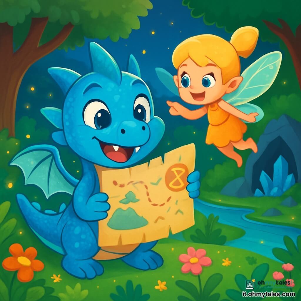 Lumo, un piccolo drago blu con squame scintillanti e ali traslucide, si trova al centro della scena, con gli occhi brillanti di eccitazione e un ampio sorriso sul volto. Tiene una mappa antica tra le sue artigli, guardandola con curiosità. Accanto a lui, una piccola fata dai capelli dorati e ali iridescenti, di nome Lila, vola gioiosamente, con gli occhi pieni di entusiasmo. Punta un simbolo dorato sulla mappa, pronta ad aiutare Lumo nella sua ricerca. La scena si svolge in una foresta incantata, dove alberi maestosi si ergono verso il cielo, circondati da fiori colorati e lucciole scintillanti nell'aria crepuscolare. Un dolce ruscello serpeggia attraverso il paesaggio, riflettendo le stelle che iniziano a comparire. Lumo e Lila, mentre esplorano, scoprono un tesoro nascosto, una grotta antica adornata di cristalli brillanti, mentre raggi di luce filtrano attraverso il fogliame, illuminando il loro cammino con un bagliore magico.