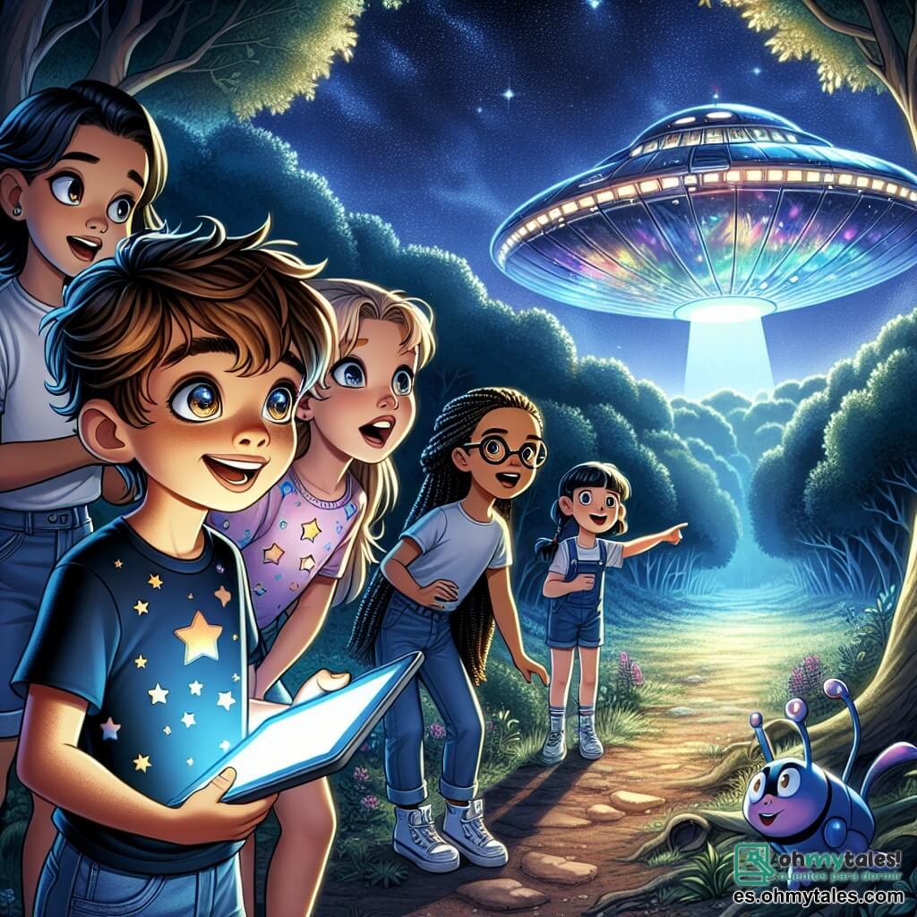 Un chico de 11 años, Lucas, con el cabello castaño alborotado y ojos brillantes de curiosidad, se encuentra en el centro de la imagen, mirando asombrado una hermosa nave espacial con reflejos iridiscentes, que acaba de aterrizar en un claro del bosque. Lleva una camiseta azul con estrellas y un short de mezclilla, y su rostro expresa alegría y emoción. A su lado, Valeria, una niña de 11 años con gafas redondas y cabello largo y rizado, sostiene una tableta, fascinada por la tecnología extraterrestre. Detrás de ellos, Tomás, un chico de 10 años con cabello negro liso, toma notas en un cuaderno, mientras que Sofía, una niña de 10 años con trenzas y una sonrisa radiante, señala la nave con entusiasmo. El lugar es un claro encantador, iluminado por la luz de la luna y rodeado de árboles majestuosos. La nave, de forma orgánica y brillante, emite un suave resplandor, creando una atmósfera mágica y misteriosa. La escena principal muestra a Lucas y sus amigos descubriendo la nave extraterrestre, listos para conocer seres de otro mundo, llenos de asombro y anticipación por esta increíble aventura que les espera.