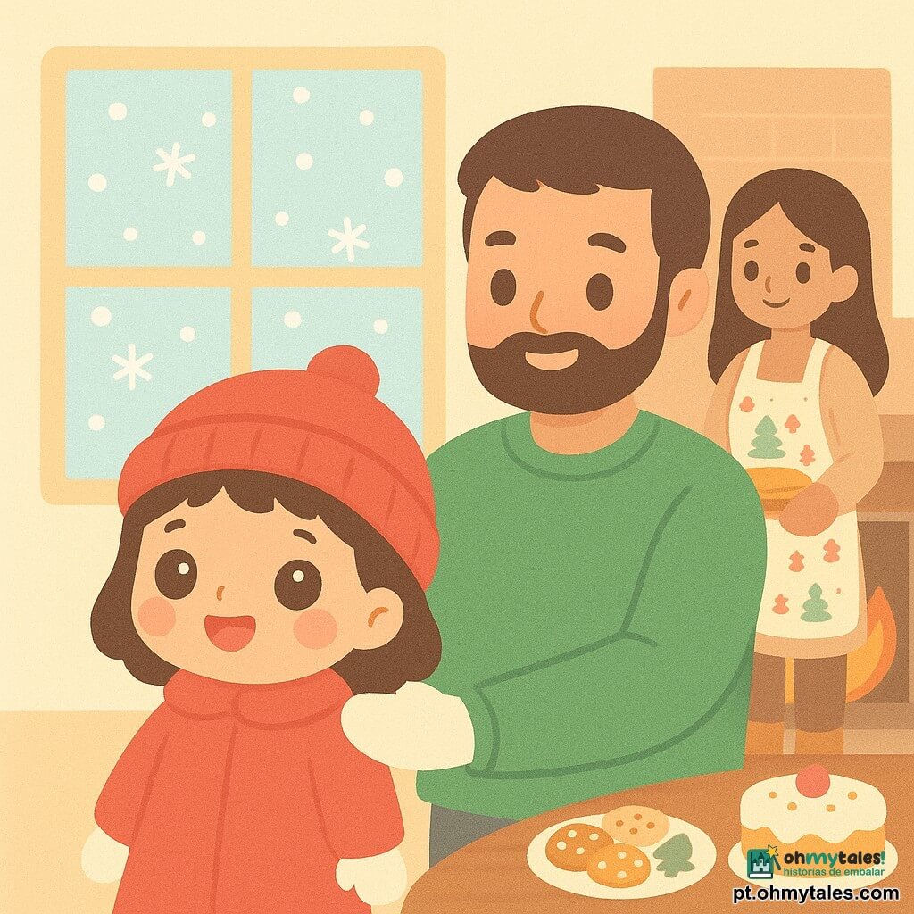 Uma menina de 2 anos, Luzia, com grandes olhos brilhantes e bochechas rosadas, sorri alegremente. Ela usa um gorro vermelho e luvas brancas. Está de pé diante de uma janela, olhando a neve cair lá fora. Ao lado dela, seu pai, um homem de cerca de 30 anos, com barba curta e um suéter verde, a segura nos braços. Ele sorri ternamente olhando para Luzia. Ao fundo, vê-se uma mãe de cerca de 28 anos, com cabelos longos e castanhos, usando um avental com motivos de Natal, tirando um pão dourado do forno. O ambiente é acolhedor, com uma lareira crepitante e uma grande mesa de madeira coberta de doces de Natal. Uma grande janela mostra flocos de neve caindo suavemente lá fora. A situação principal mostra Luzia maravilhada com a neve, criando uma atmosfera de festa e calor familiar.