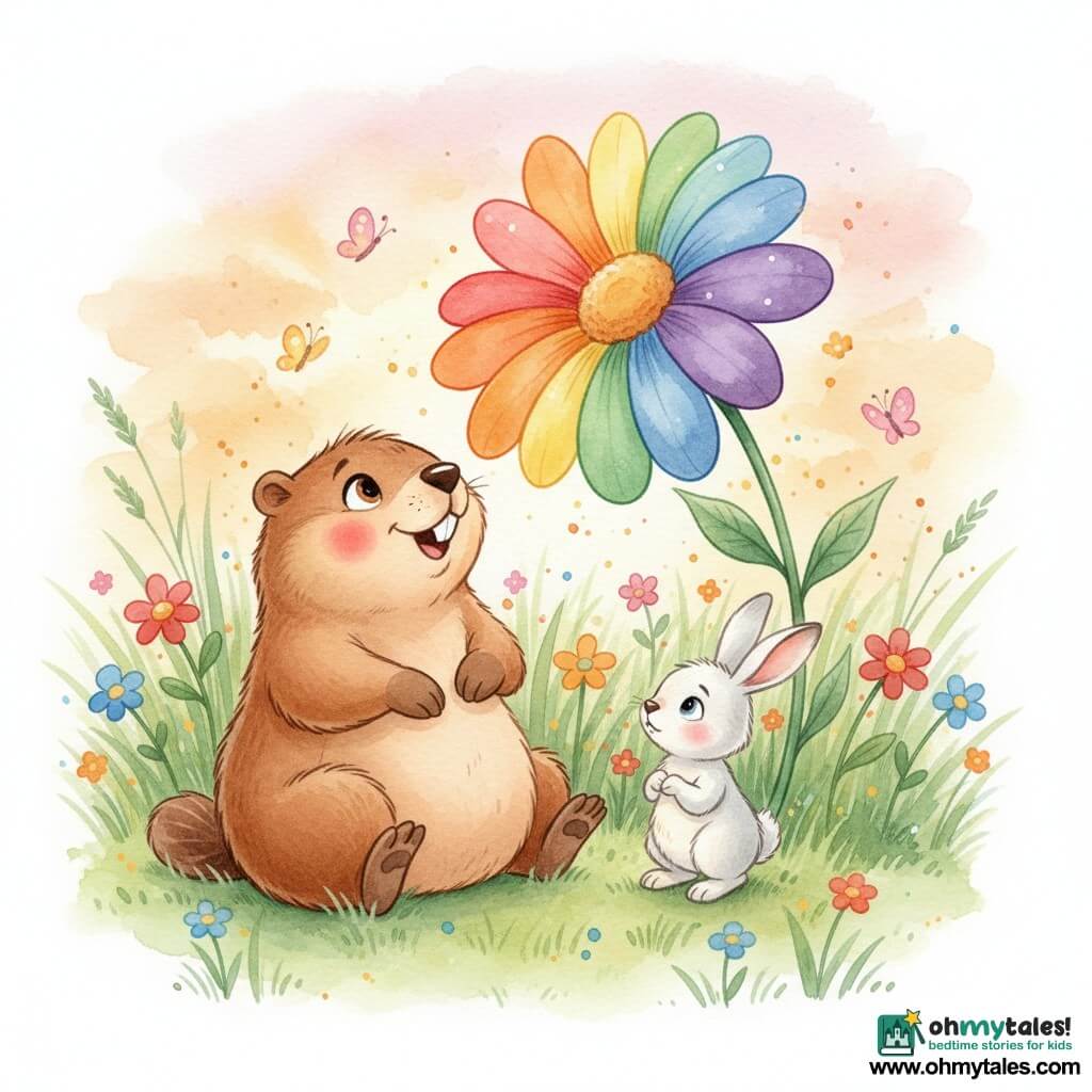 A round, plush marmot with warm brown fur and rosy cheeks smiles joyfully at a giant rainbow-petaled flower, sitting on the grass with front paws down and bright, wonder-filled eyes; beside it stands Benny, a shy but curious white rabbit with long ears, in a sunny meadow of tall green grass and colorful flowers with a few butterflies, under a soft orange-pink sunset, tender, peaceful scene with gentle features and rounded shapes.