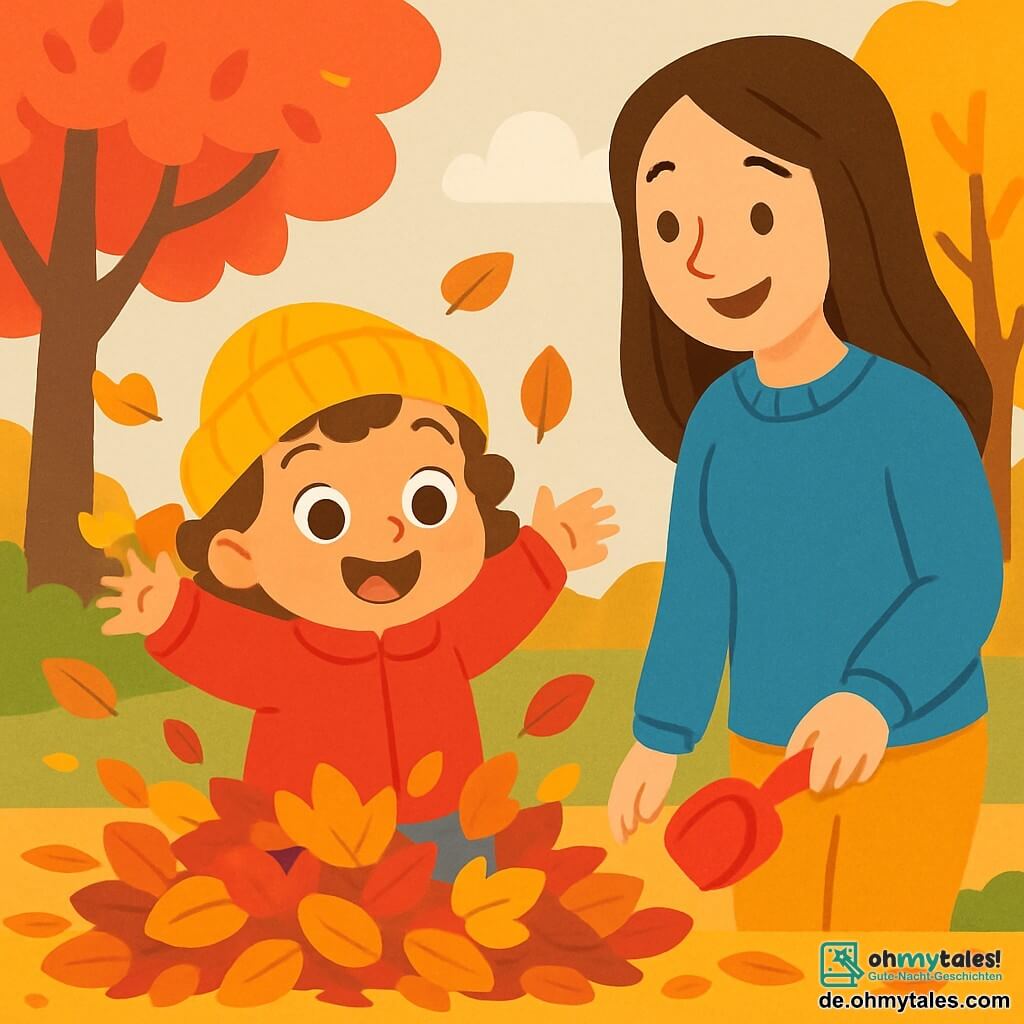 Ein kleines Mädchen von 2 Jahren, Mila, mit großen leuchtenden Augen und lockigem braunem Haar, lächelt fröhlich, während sie in einen Haufen bunter Herbstblätter springt. Sie trägt eine leuchtend rote Jacke und eine gelbe Wollmütze, was ihren Ausdruck von Staunen und Glück unterstreicht. Neben ihr steht ihre Mama, eine etwa 30-jährige Frau mit langen glatten Haaren, die einen blauen Wollpullover trägt und mit einem Lächeln ihre Tochter ansieht, während sie eine kleine Plastikkelle hält. Der Ort ist ein herbstlicher Garten, gefüllt mit Bäumen mit leuchtenden Blättern in Rot, Orange und Gelb, und der Boden ist mit einem Teppich aus knusprigen Blättern bedeckt. Im Hintergrund sieht man einen hellgrauen Himmel, typisch für einen Herbsttag. Die Hauptsituation zeigt Mila, die Spaß hat, in die Blätter zu springen und eine Farbenpracht um sich herum zu erzeugen, während ihre Mama sie mit einem warmen Lächeln ermutigt und die Luft mit einer fröhlichen, spielerischen Atmosphäre erfüllt.