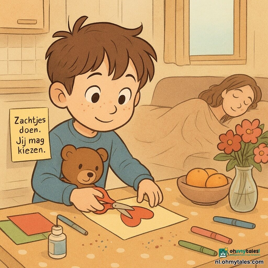 Een 6-jarige jongen met een rond gezicht en sproeten, warrig bruin haar, grote verwonderde ogen en een verlegen glimlach houdt een teddybeer onder zijn arm en fluistert bij de keukentafel; op de achtergrond ligt de moeder (ongeveer 30–35) met los haar onder een deken op de bank vredig te slapen; de vader is alleen aanwezig via een briefje op de tafel met handschrift: "Zachtjes doen. Jij mag kiezen." De kleine gezellige keuken heeft lichte tegels, een lichte houten tafel met een stippenkleed, een jampot, een schaal met citrus, een vaas met rode en roze bloemen en verspreid kleurig papier, stiften en glitters. De jongen maakt stilletjes met schaar en lijm een kaart, gebogen over het papier terwijl zacht ochtendlicht door het raam warme schaduwen werpt; de sfeer is teder, rustig en vol verwachting, in pastelkleuren met zachte texturen, ronde vormen en licht geschetste contouren.
