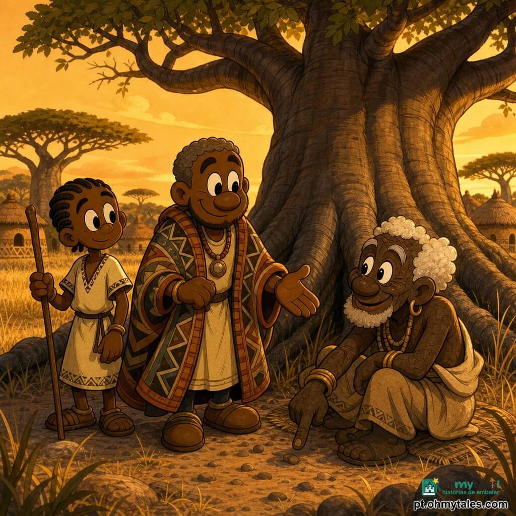 Homem Juma, emocionado e sereno, pele morena quente, cabelos curtos grisalhos, vestido com um grande casaco de tecido geométrico, sorri e estende a mão; menino Kofi, ~14 anos, rosto juvenil, pele morena, cabelos trançados curtos, túnica clara e bastão de pastor, à esquerda de Juma observando com curiosidade; velho sábio, ~70 anos, pele escura rachada, cabelos brancos tufados, olhos brilhantes, sentado sob um alto baobá com raízes grossas, sorri e aponta o chão; cenário: clareira de savana banhada por luz dourada do entardecer, ervas altas, acácias e ocas ao fundo, atmosfera calorosa e mágica de um conto africano, luz suave filtrada pelas folhas e partículas de poeira no ar.