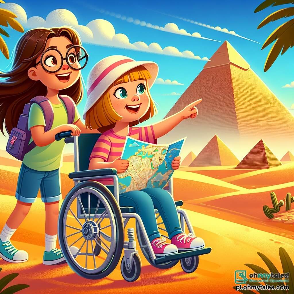 Na pierwszym planie dwie dziewczynki przeżywają przygodę. Lena, 12-letnia dziewczyna z długimi brązowymi włosami i okrągłymi okularami, ma na sobie kolorowy t-shirt i szorty. Uśmiecha się entuzjastycznie, trzymając mapę w dłoniach. Obok niej Ania, również 12-letnia, ma krótkie blond włosy i ładny kapelusz. Siedzi na wózku inwalidzkim, jej oczy błyszczą radością, a ona wskazuje na dużą piramidę w oddali. W tle majestatyczne piramidy w Gizie wznoszą się pod jasnoniebieskim niebem, otoczone złotymi wydmami, które błyszczą w słońcu. Palmy delikatnie kołyszą się na ciepłym wietrze, dodając zieleni do pustynnego krajobrazu. Scena ukazuje dwie przyjaciółki odkrywające fascynujący świat Egiptu, z mapą w ręku, gotowe wyruszyć na poszukiwanie ukrytego skarbu, symbolizującego ducha przygody i przyjaźni, który je łączy.