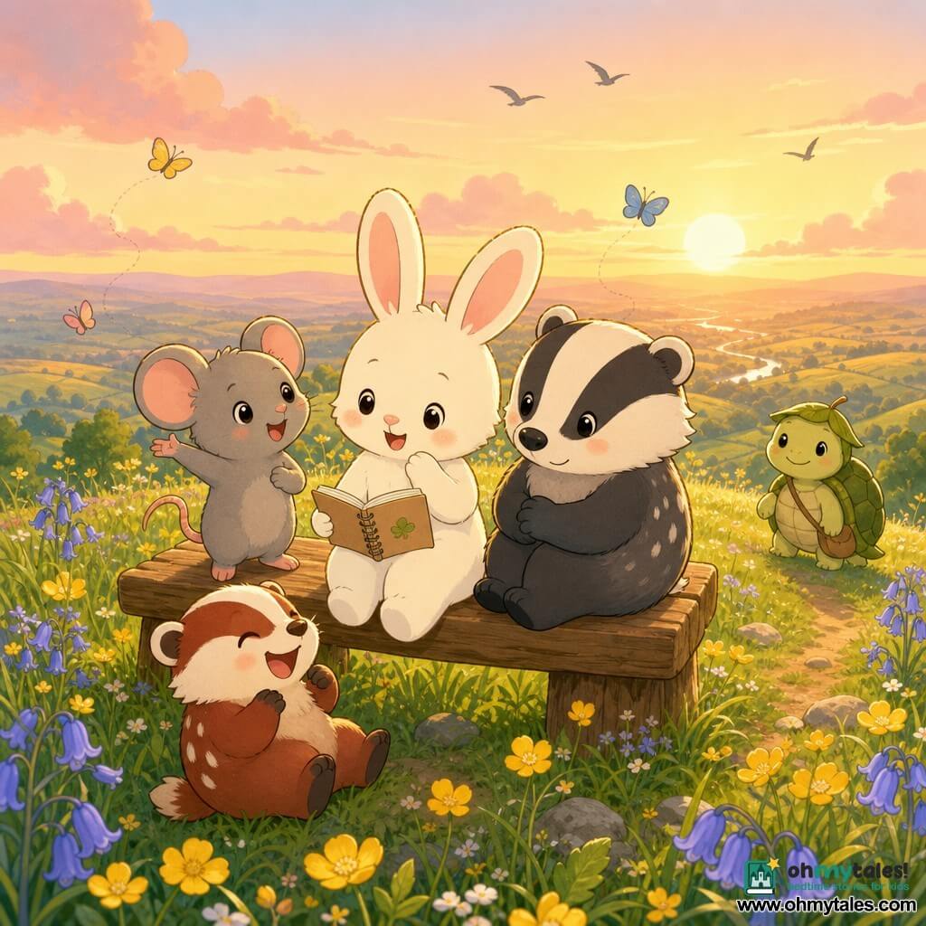 Pipkin, a young white rabbit with big soft ears and a pink nose, sits at the center of a wooden bench smiling shyly while holding a small open notebook; Mico, a small grey mouse with bright eyes, stands to the left with a paw raised as if pointing out the view; Bess, a round spotted badger-like creature, sits to the right with folded paws near Pipkin and a calm smile; Benny, a small reddish badger, laughs while hopping at the foot of the bench facing his friends; Tilda, a turtle with a light green shell and a leaf hat, approaches slowly on the hill in the background watching fondly; setting: a sunny meadow on a small hill with vibrant green grass, buttercups and bluebells, a soft orange-pink sunset sky and a few silhouetted butterflies and birds; main scene: four friends share a wooden bench at the hilltop in a warm, serene, golden-lit, centered composition with bright pastel colors, simple rounded shapes, minimalist kawaii style and an atmosphere of camaraderie and gentle adventure.