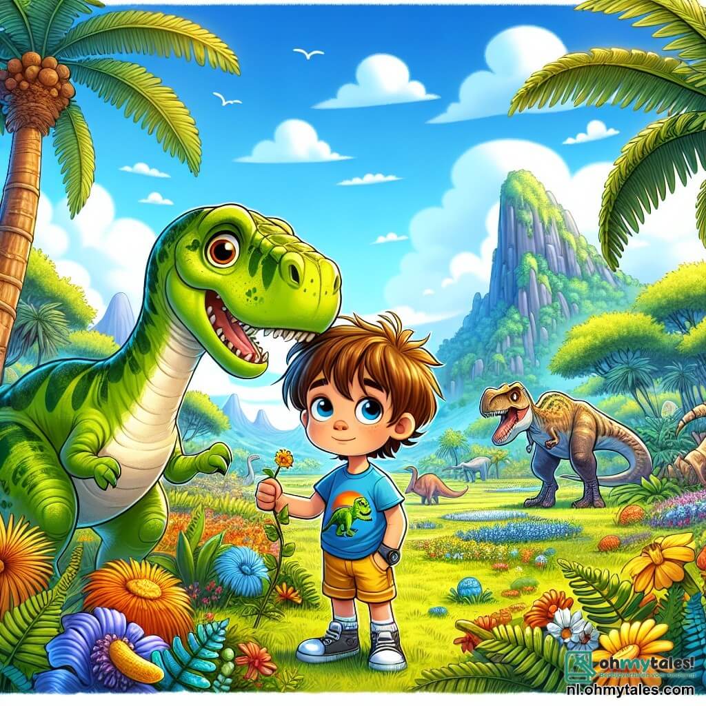 Een 6-jarig jongetje genaamd Tim staat in het midden van de afbeelding, met rommelig bruin haar en grote ogen die glinsteren van nieuwsgierigheid. Hij draagt een blauwe t-shirt met een dinosaurusafdruk en een gele korte broek, met een verwonderde glimlach terwijl hij een prehistorische wereld ontdekt. Naast hem staat Dino, een grote groene dinosaurus met een lange, vriendelijke nek, die naar Tim leunt met een warme blik, zijn schubben glinsteren in de zon. De achtergrond toont een levendig prehistorisch landschap, vol grote varens, gigantische bloemen in felle kleuren en majestueuze bomen, onder een stralende blauwe lucht. Op de achtergrond zijn verre bergen en andere dinosaurussen te zien die vredig bewegen. De hoofdscène toont Tim en Dino die vrolijk discussiëren terwijl ze sappige vruchten verzamelen om een hongerige T-Rex te voeden, die iets verderop staat met een nieuwsgierige en een beetje verdrietige uitdrukking, klaar om hun aanbod te proeven.