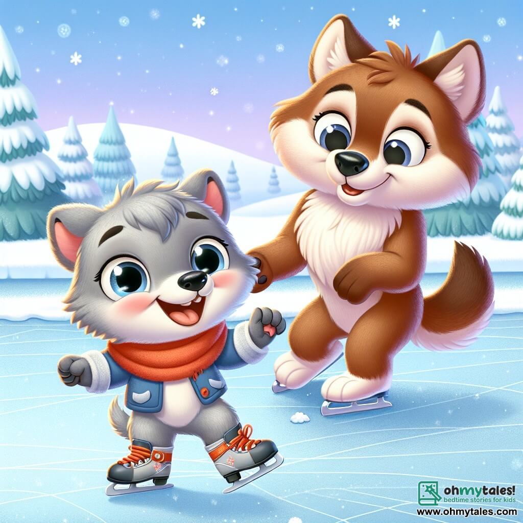 A little wolf named Wally, with gray fur and sparkling joyful eyes, glides on a frozen lake, laughing and having fun, his small paws like ice skates. Beside him, his mother, a large she-wolf with brown fur and gentle eyes, encourages him with a warm smile, holding his paw to help him balance. The setting is an enchanting winter landscape, with trees covered in shimmering snow, snowflakes gently falling from the light blue sky, and white hills as far as the eye can see. The scene captures the joyful moment when Wally learns to skate on ice, surrounded by the magic of winter and his mother's love.