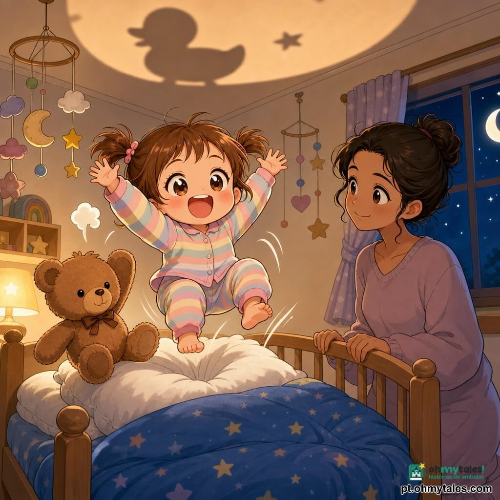 Menina de 2 anos, radiante e travessa, cabelo castanho-claro em rabo curto, olhos grandes e bochechas rosadas, pulando e rindo num pequen o cama de madeira com pijama listrado em tons pastéis, mãos ao alto; ao lado, um ursinho de pelúcia marrom médio com pata levantada como se participasse; um travesseiro branco bem macio sob a cabeça, ligeiramente comprimido com um “pouf”; a mãe, cerca de 30 anos, cabelo preso e sorriso terno, de pé junto à grade, olhando com carinho; quarto pequeno e acolhedor com paredes creme, móbiles de papel, coberta azul estrelada, lua na janela e luz quente; cena de hora de dormir enérgica e divertida, sombra de pato no teto, composição centrada, formas arredondadas, paleta pastel suave e atmosfera segura e alegre.