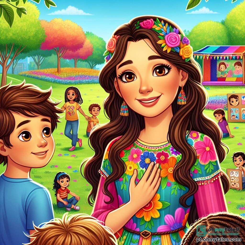 No centro da imagem, Clara, uma mulher de cerca de trinta anos, sorri calorosamente, com seus longos cabelos castanhos flutuando suavemente ao vento. Ela usa um vestido colorido decorado com padrões florais, e seus olhos brilham de empatia enquanto escuta atentamente as crianças ao seu redor. À sua direita, Miguel, um menino de 10 anos com cabelos cacheados e camiseta azul, parece um pouco tímido, mas determinado, compartilhando uma história com seus amigos. À esquerda, Ana, uma menina de 9 anos com tranças, sorri alegremente, segurando um cartaz com emoções desenhadas, pronta para participar da atividade. O cenário é um parque vibrante, com árvores verdes, flores brilhantes e um céu azul claro. Ao fundo, uma pequena cena está decorada para o Festival da Paz, onde crianças dançam e brincam alegremente. Clara explica às crianças a importância da paz e da compreensão, enquanto elas se reúnem ao seu redor, cativadas por suas palavras. A atmosfera é alegre e cheia de energia, simbolizando a unidade e a harmonia na comunidade.